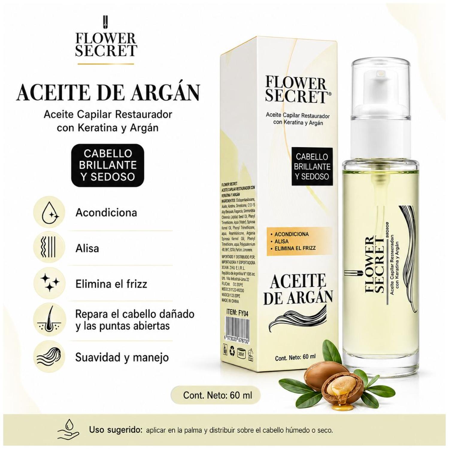 ACEITE CAPILAR ARGÁN KERATINA FLOWER SECRET 60ML REPARA SUAVIZA ANTI-FRIZZ - 3