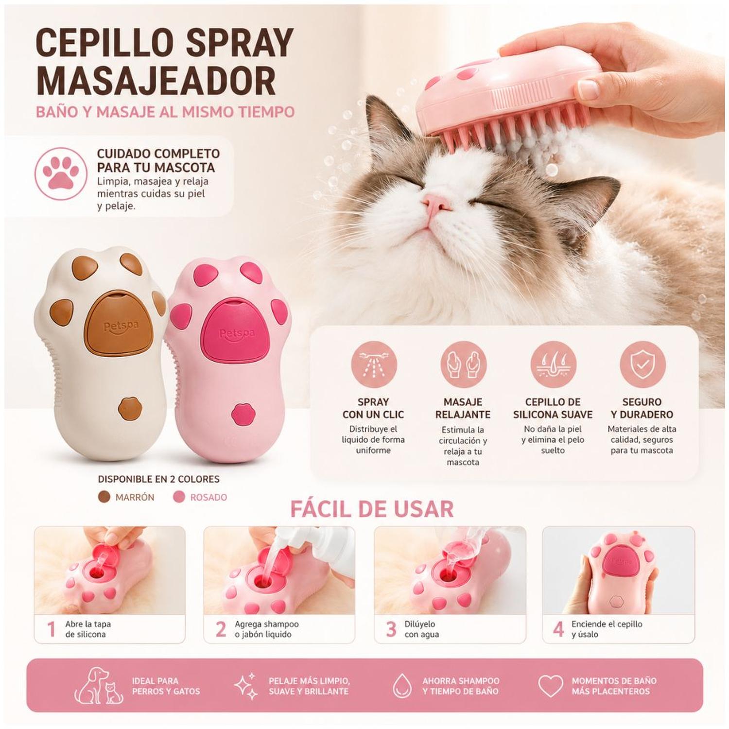 CEPILLO SPRAY MASAJEADOR DE BAÑO QUITA PELUSA PARA MASCOTAS PERROS GATOS CAFE TAMAÑO M - 9