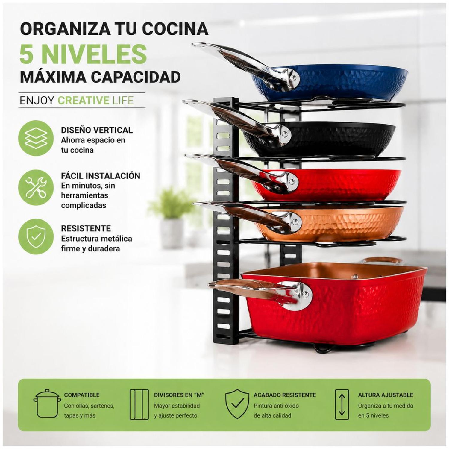 ESTANTE ORGANIZADOR DE OLLAS SARTENES Y TAPAS DE 5 NIVELES AJUSTABLE WL-CF049 - 4