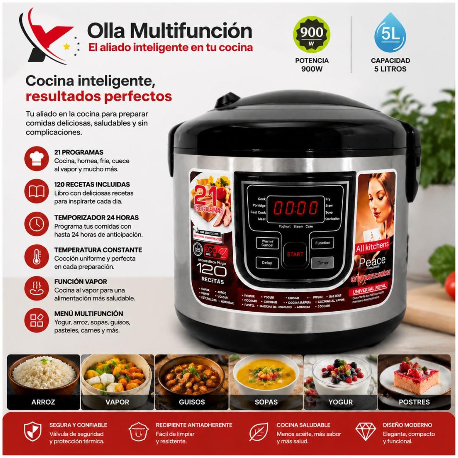 OLLA MULTIFUNCIÓN DIGITAL 5L ARROCERA INTELIGENTE 900W Y9106 ACERO INOXIDABLE - 4