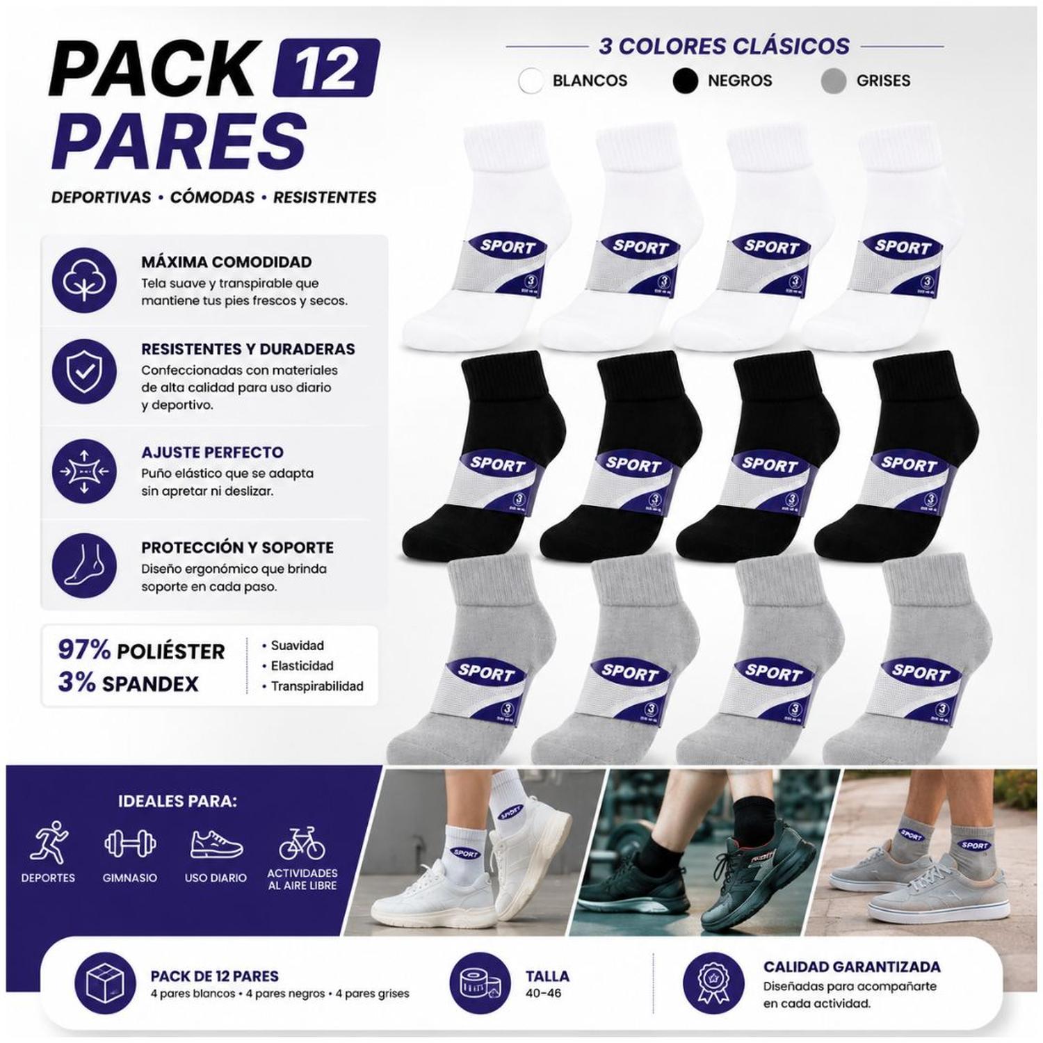 PACK X12 PARES DE MEDIAS CORTAS DEPORTIVAS SPORT 3 COLORES TALLA 40-46 - 2