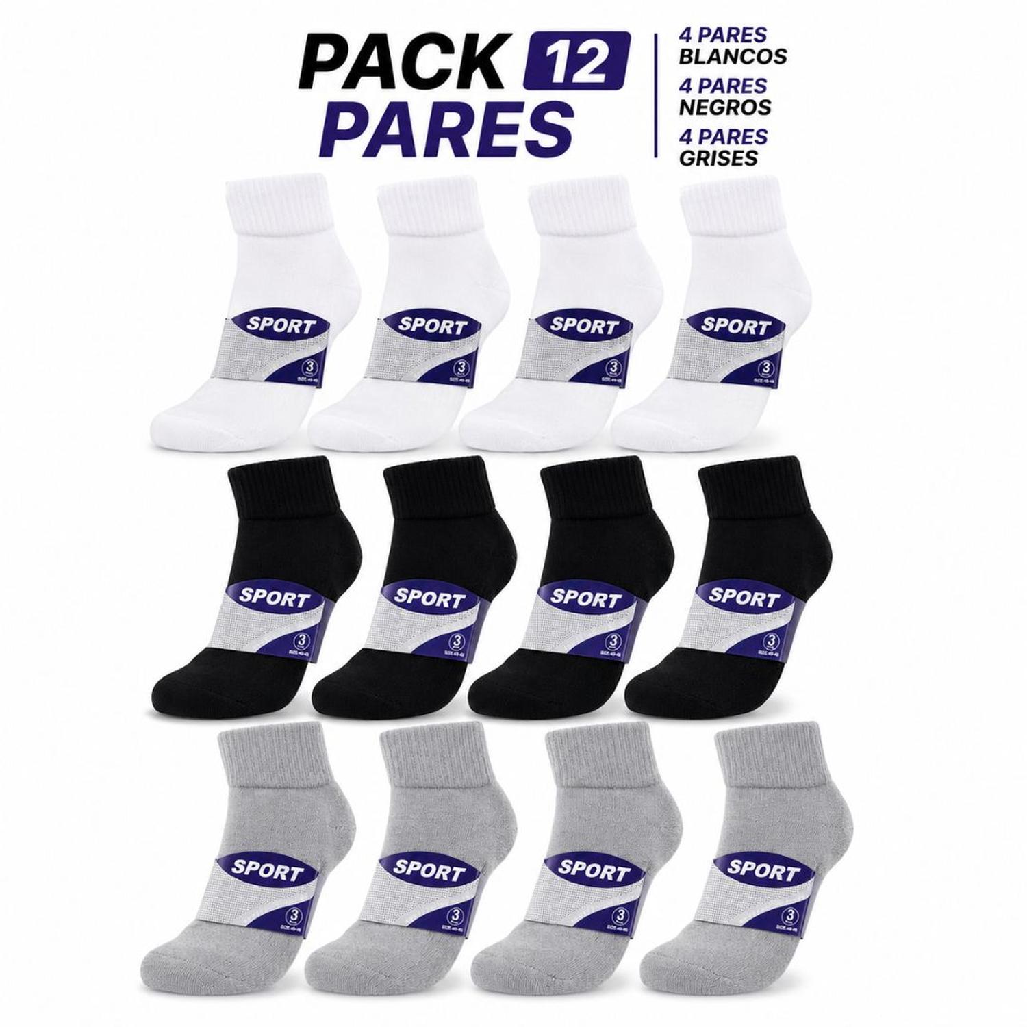 PACK X12 PARES DE MEDIAS CORTAS DEPORTIVAS SPORT 3 COLORES TALLA 40-46 - 3