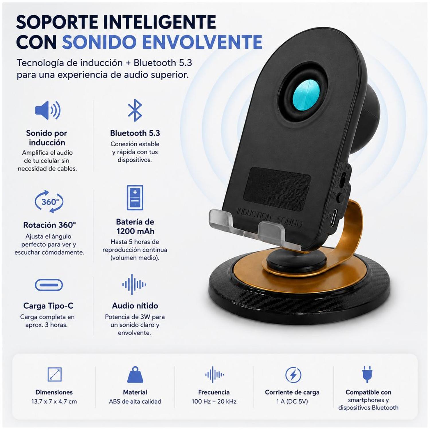 SOPORTE PARA CELULAR 360° CON PARLANTE INTEGRADO CONECTIVIDAD INDUCCIÓN BLUETOOTH 5.3 - 5
