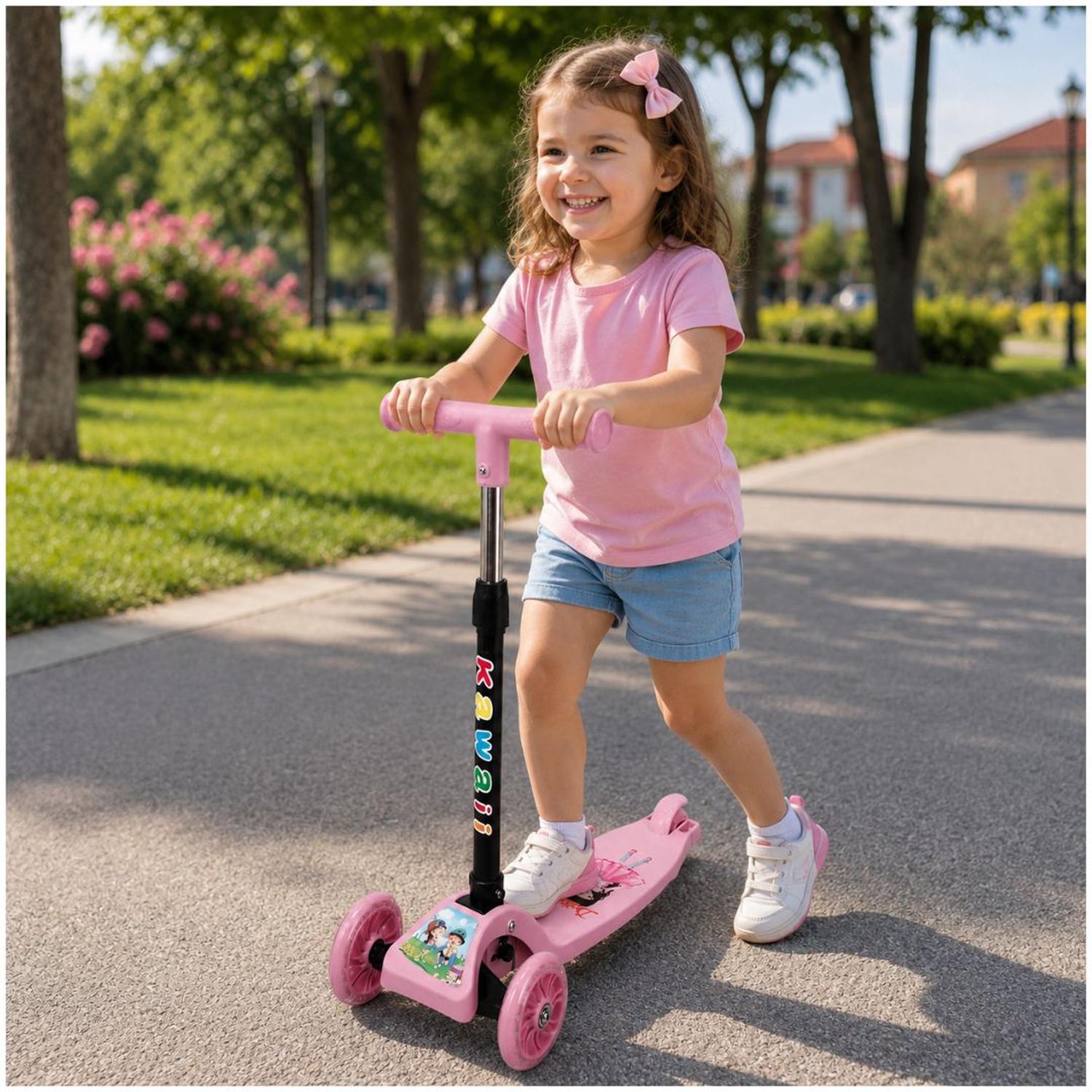 SCOOTER INFANTIL 3 RUEDAS PLEGABLE AJUSTABLE PARA NIÑAS Y NIÑOS CON LUCES LED TAMAÑO M - 2