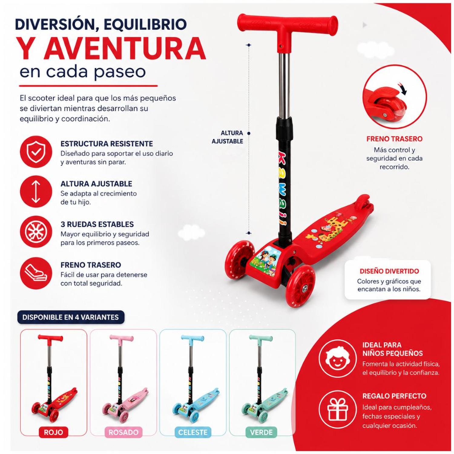 SCOOTER INFANTIL 3 RUEDAS PLEGABLE AJUSTABLE PARA NIÑAS Y NIÑOS CON LUCES LED TAMAÑO M - 5