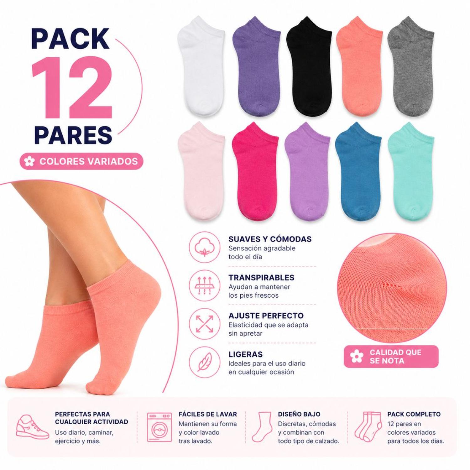 PACK X12 PARES DE MEDIAS TOBILLERAS PARA MUJER TRANSPIRABLES - 2