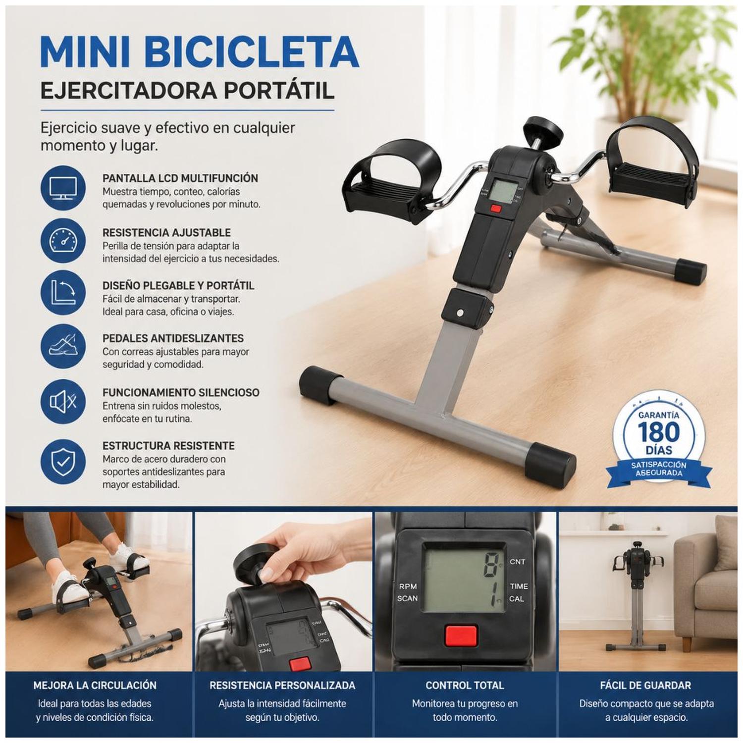 MINI BICICLETA ERGOMÉTRICA CON MONITOR DIGITAL PEDALERA FIT PORTÁTIL PLEGABLE - 3