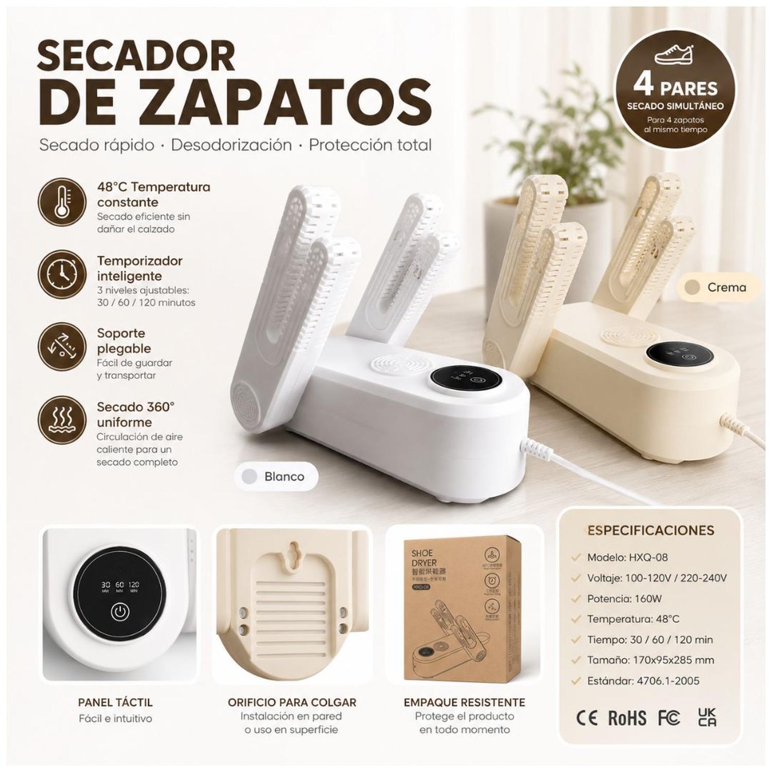 SECADOR ELÉCTRICO DE 4 ZAPATOS ZAPATILLAS HXQ-08 CON UV DESODORIZADOR 160W TAMAÑO M - 7