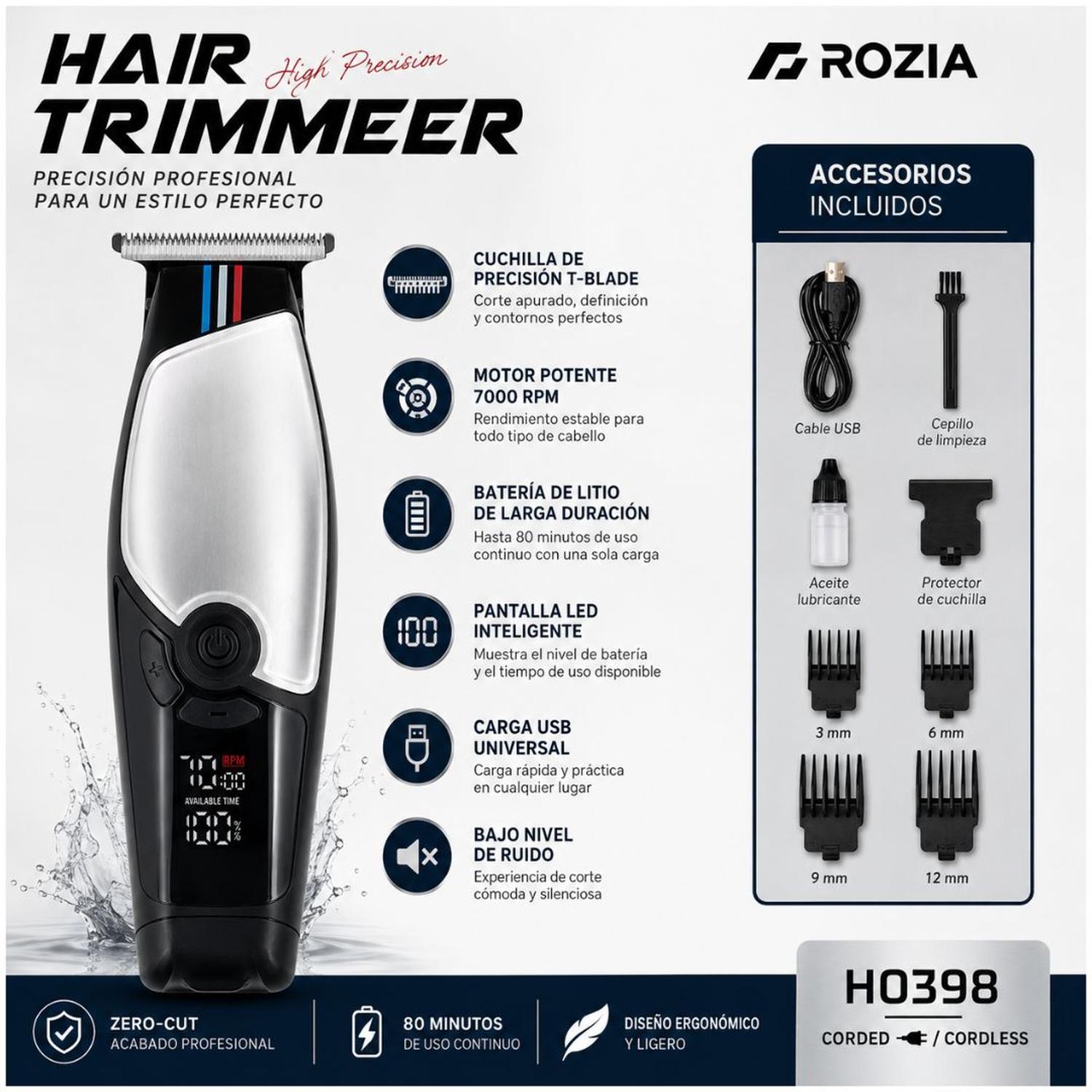 MÁQUINA CORTADORA DE CABELLO PELO RECARGABLE PROFESIONAL ROZIA HQ398 - 2