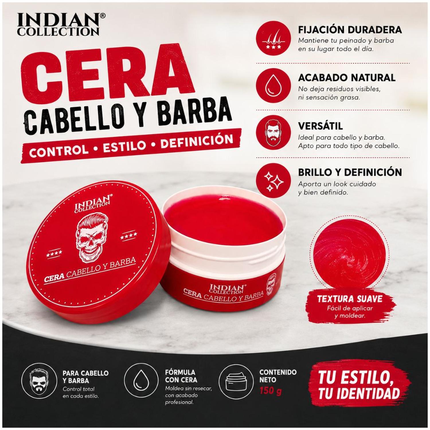 CERA PARA CABELLO Y BARBA INDIAN COLLECTION ROJO 150G ACABADO NATURAL - 3