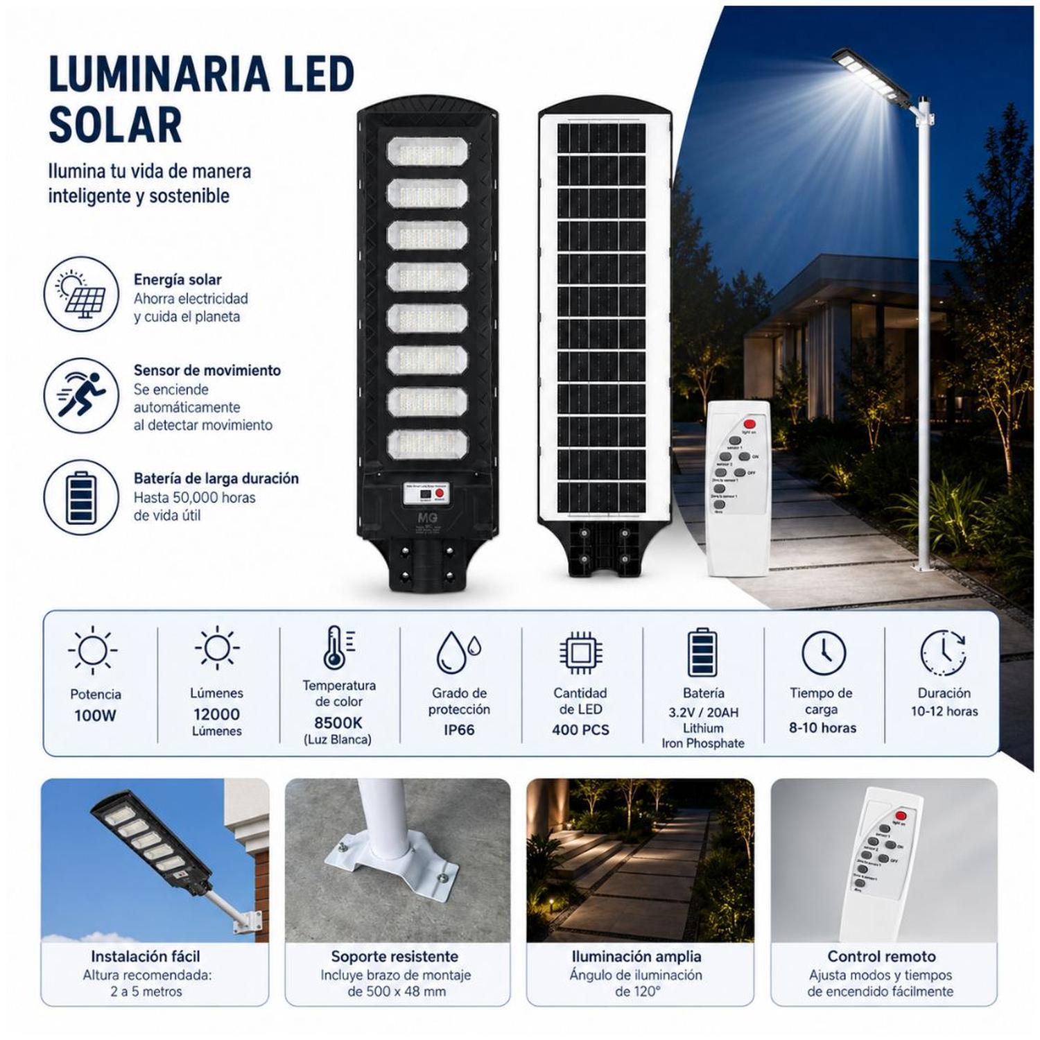 LÁMPARA PANEL SOLAR REFLECTOR MG 1000W CON SENSOR IMPERMEABLE + CONTROL REMOTO - 2