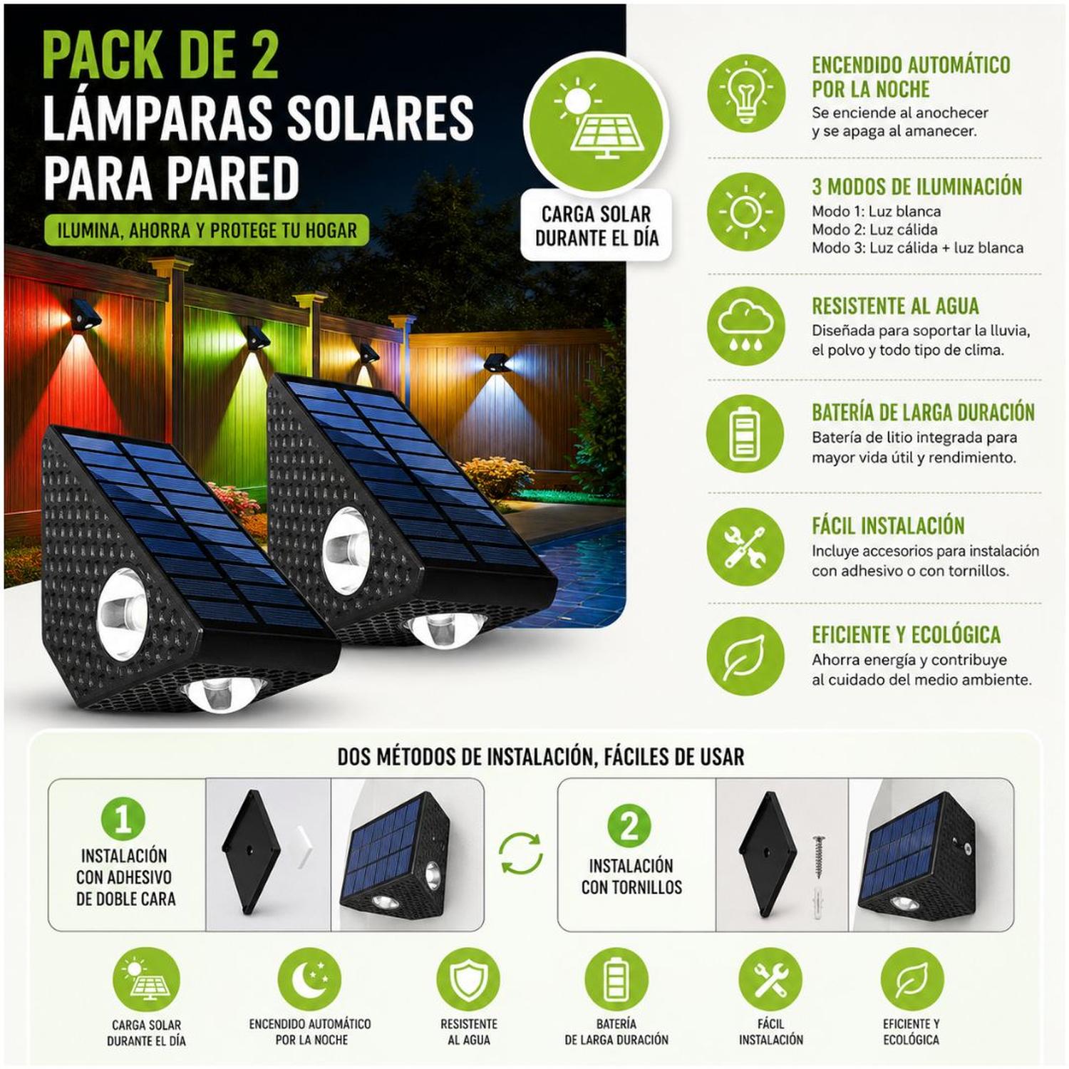 PACK X2 LÁMPARAS SOLARES LED AUTOMÁTICO PARA PARED EXTERIOR 3 MODOS ILUMINACIÓN - 2
