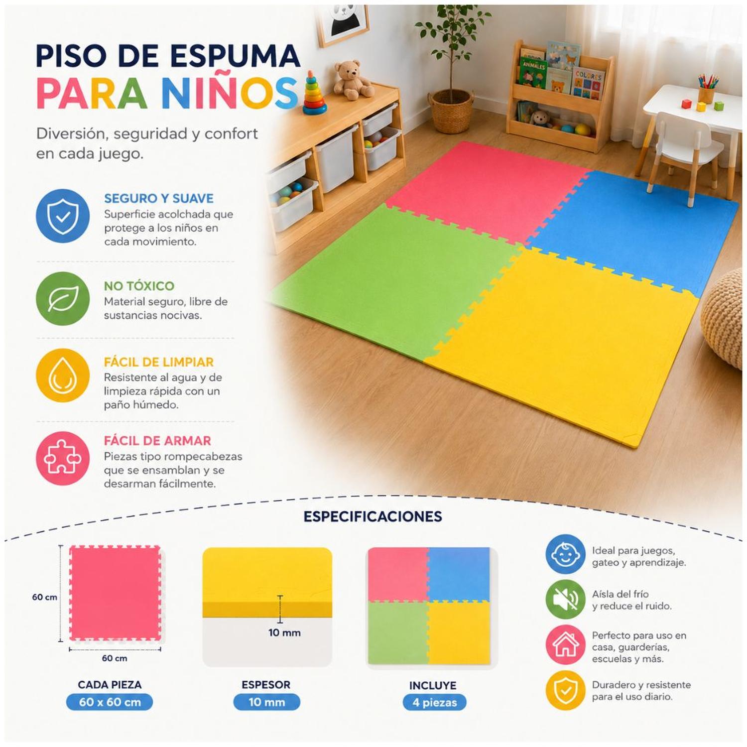 PACK X4 PISO ESPUMA INFANTIL 120X120CM TAPETE ACOLCHADO ANTIDESLIZANTE BEBÉS Y NIÑOS - 2