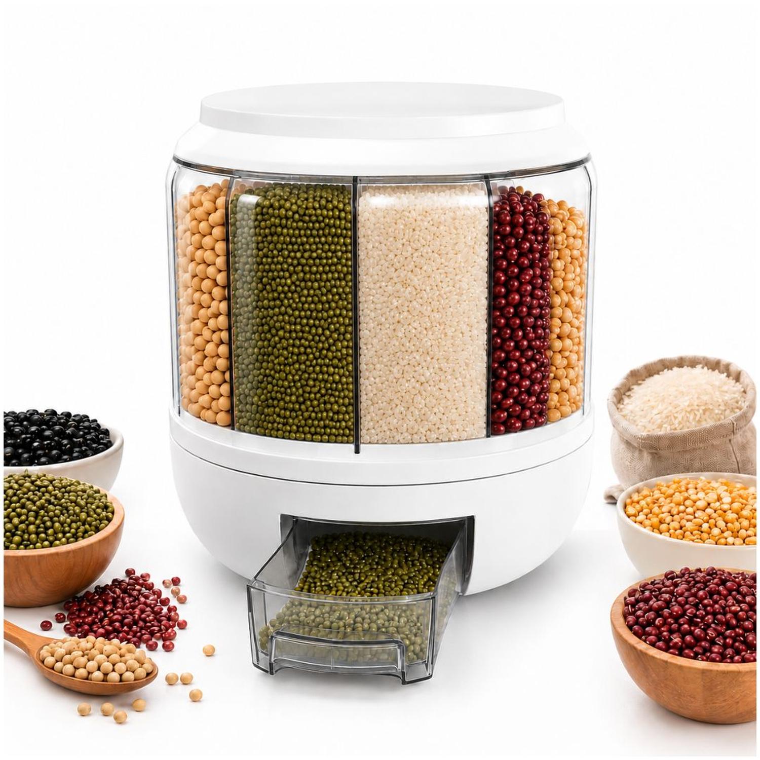 DISPENSADOR DE GRANOS ALIMENTOS ARROZ MENESTRAS ROTACIÓN 360° 6 SECCIONES - 1