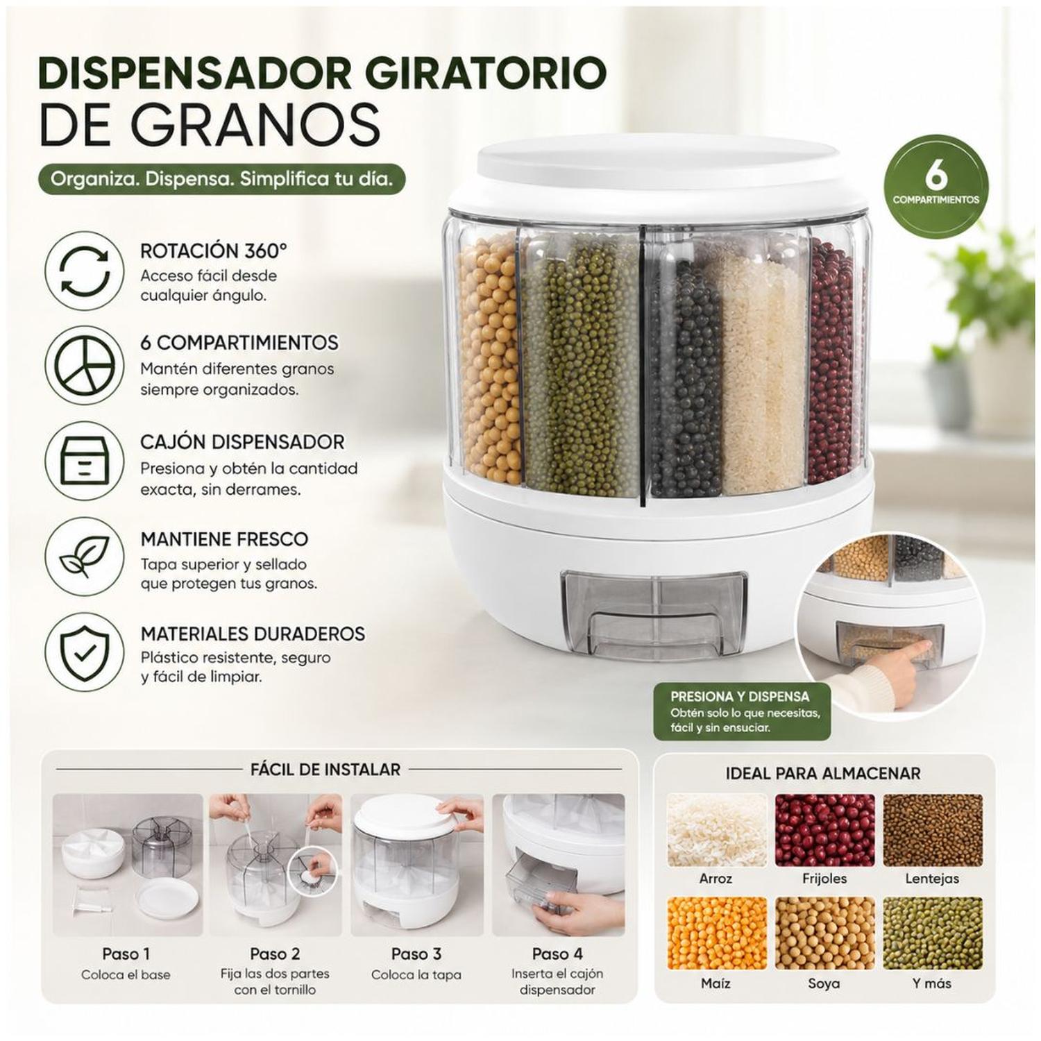 DISPENSADOR DE GRANOS ALIMENTOS ARROZ MENESTRAS ROTACIÓN 360° 6 SECCIONES - 2