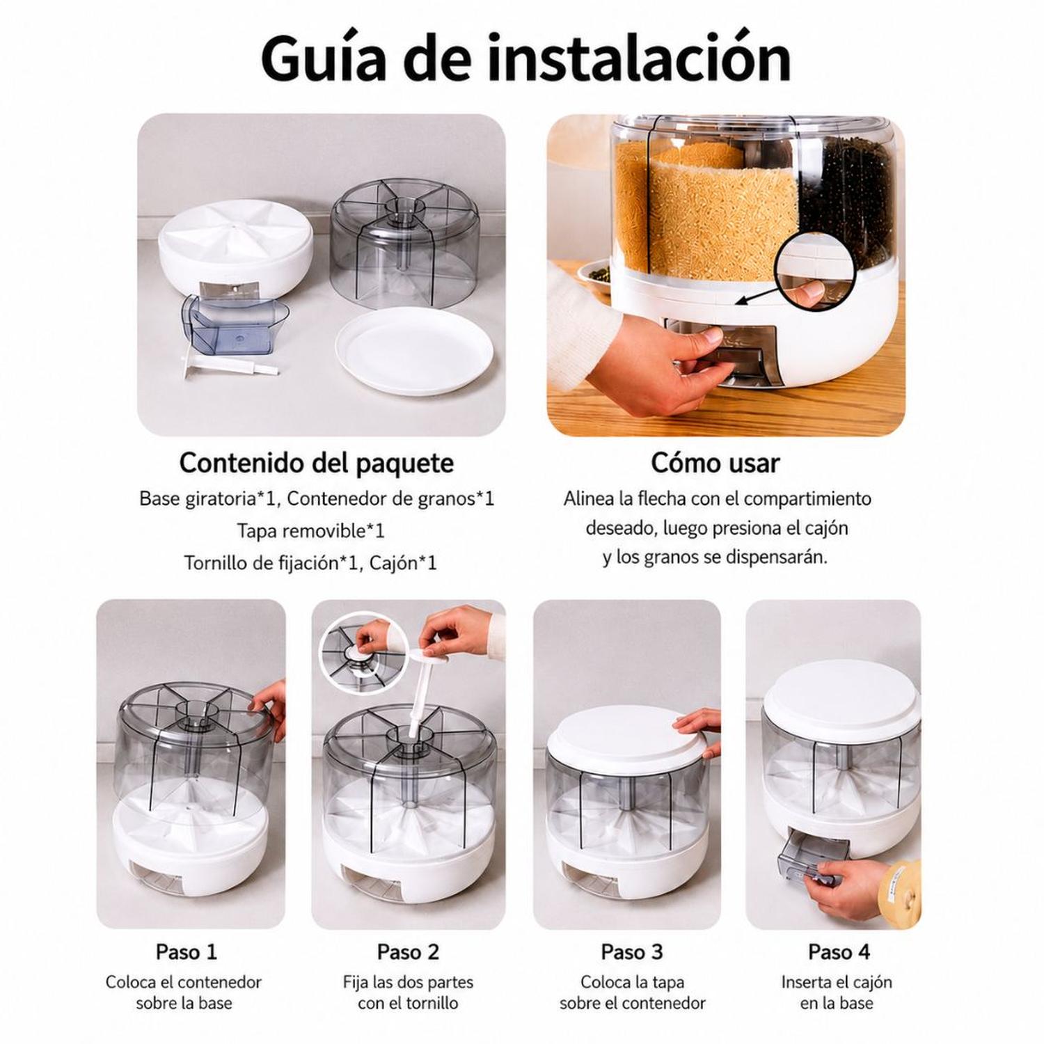 DISPENSADOR DE GRANOS ALIMENTOS ARROZ MENESTRAS ROTACIÓN 360° 6 SECCIONES - 3