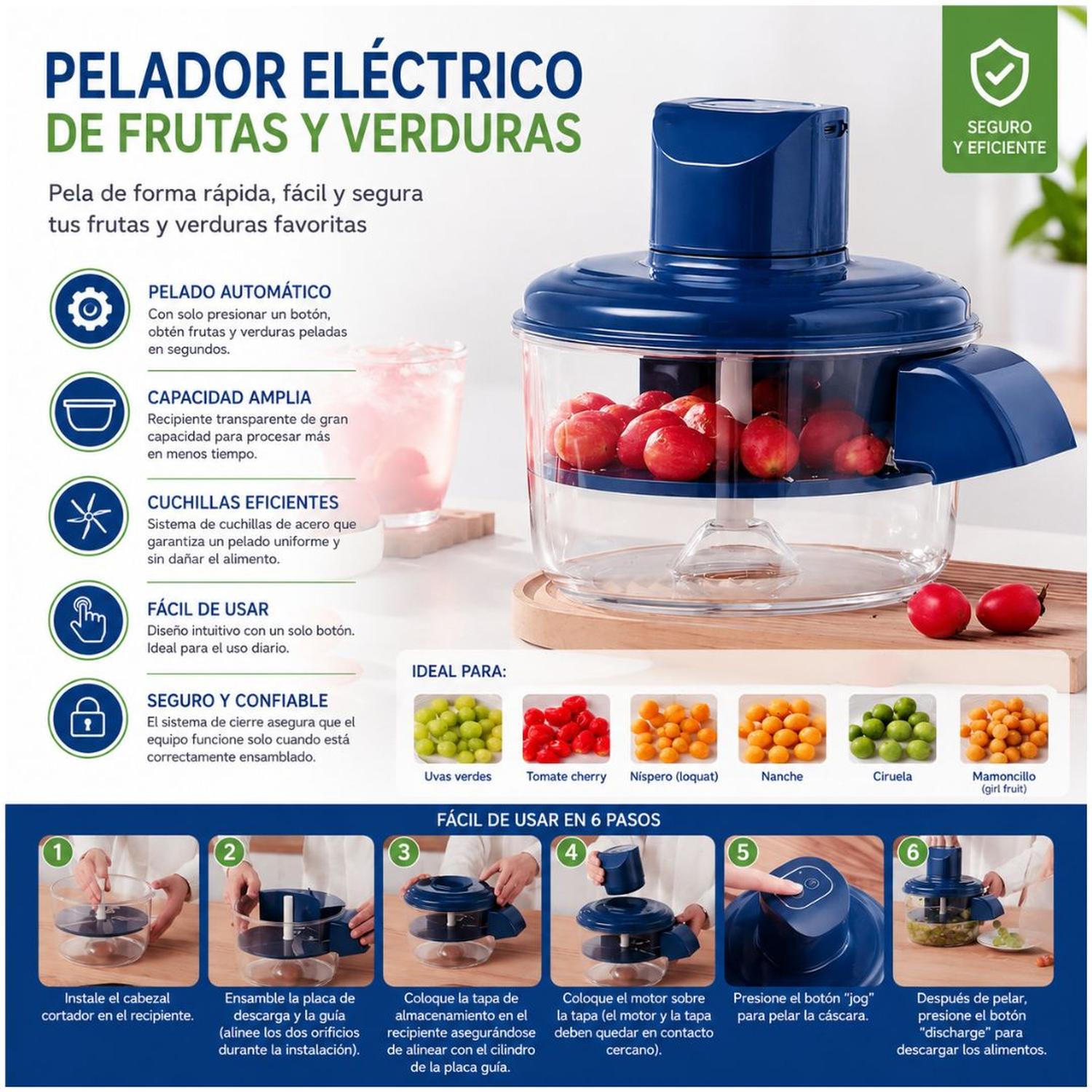 PELADOR ELÉCTRICO RECARGABLE PARA FRUTA VERDURAS ALIMENTOS MULTIUSOS 5 CUCHILLAS - 3