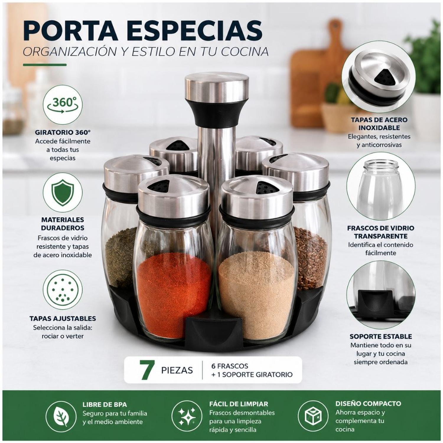 ORGANIZADOR DE CONDIMENTOS CONDIMENTERO ESPECIERO 360° + 6 FRASCOS DE VIDRIO - 2