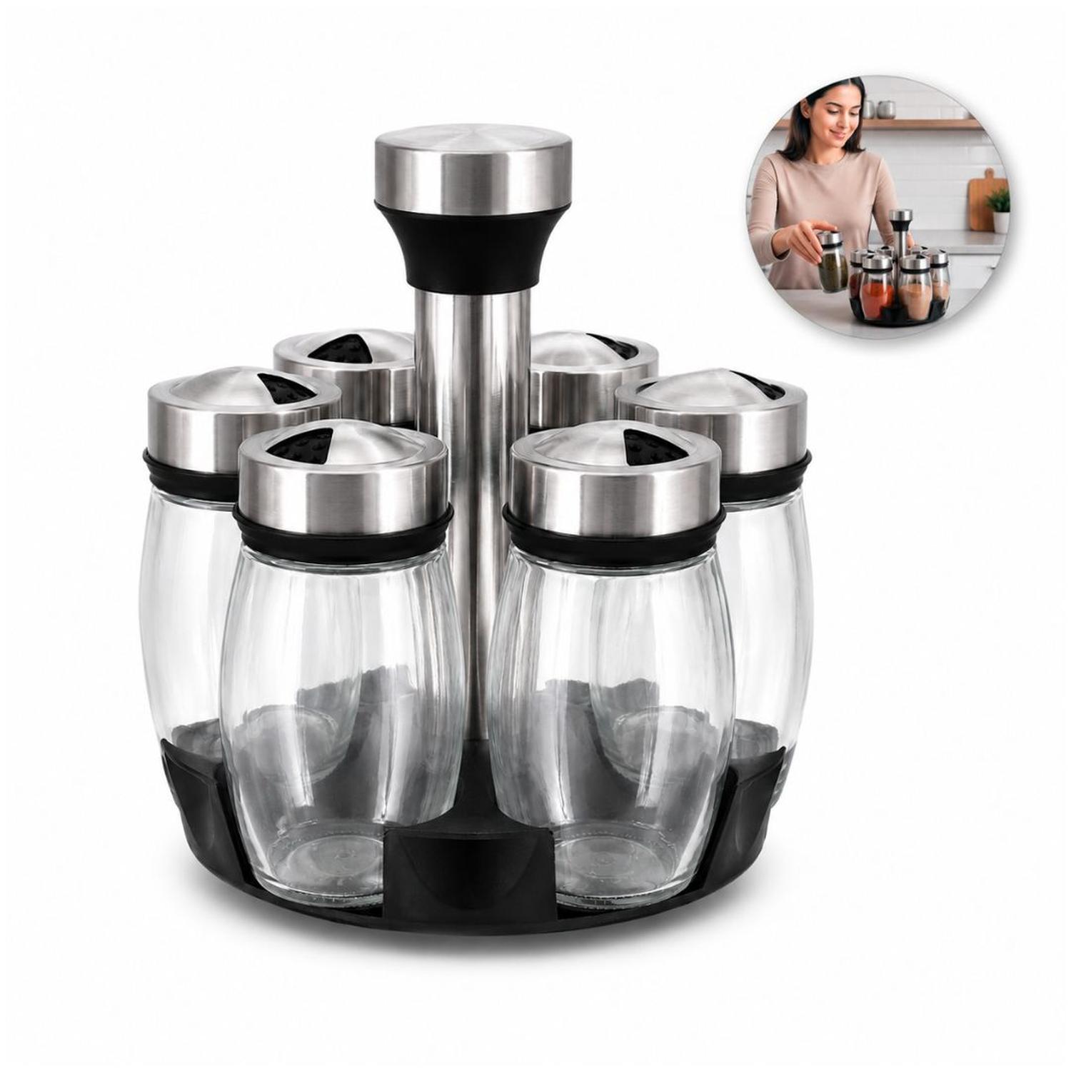 ORGANIZADOR DE CONDIMENTOS CONDIMENTERO ESPECIERO 360° + 6 FRASCOS DE VIDRIO - 5