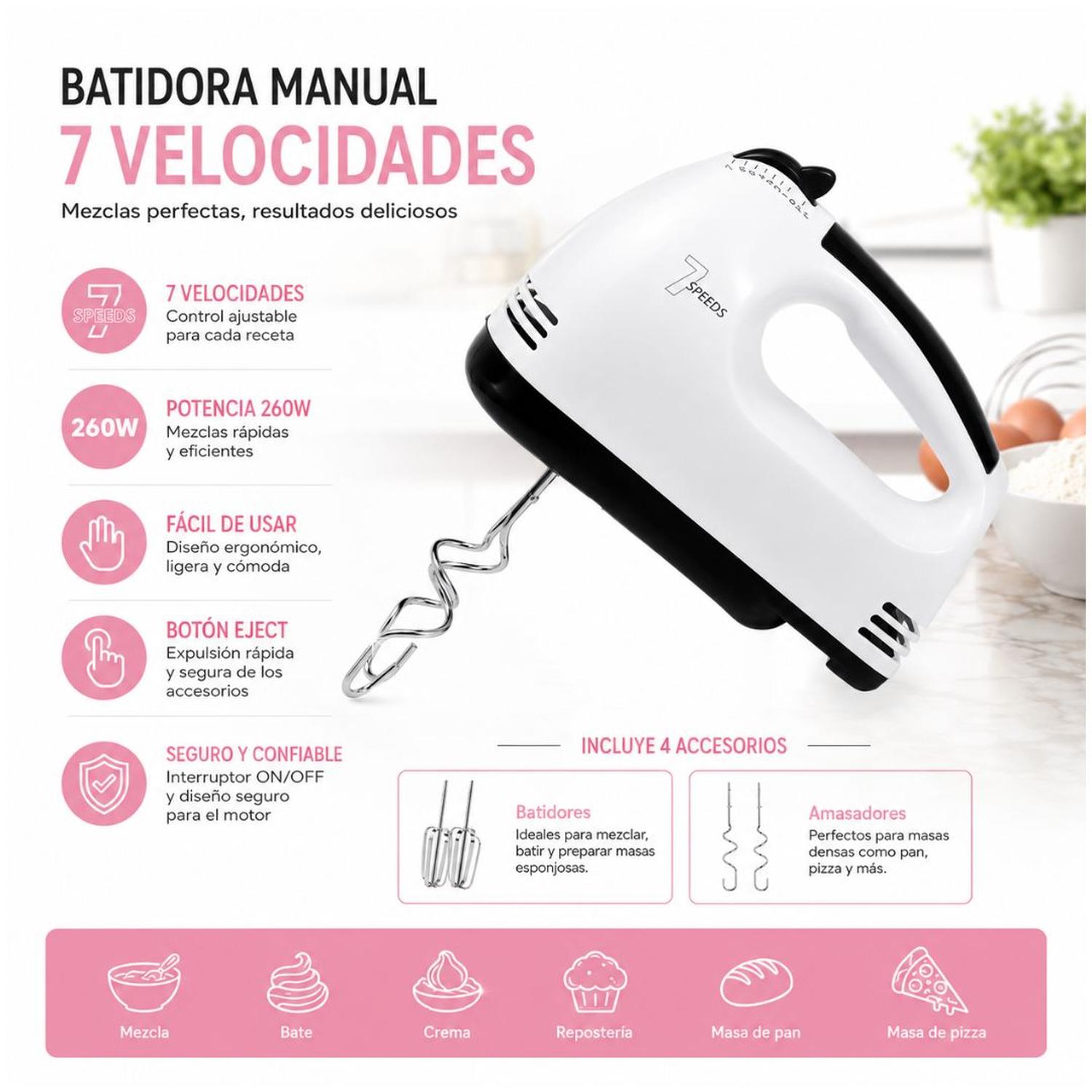 BATIDORA DE MANO CON VARILLAS GANCHOS REPOSTERÍA COCINA 7 VELOCIDADES - 4