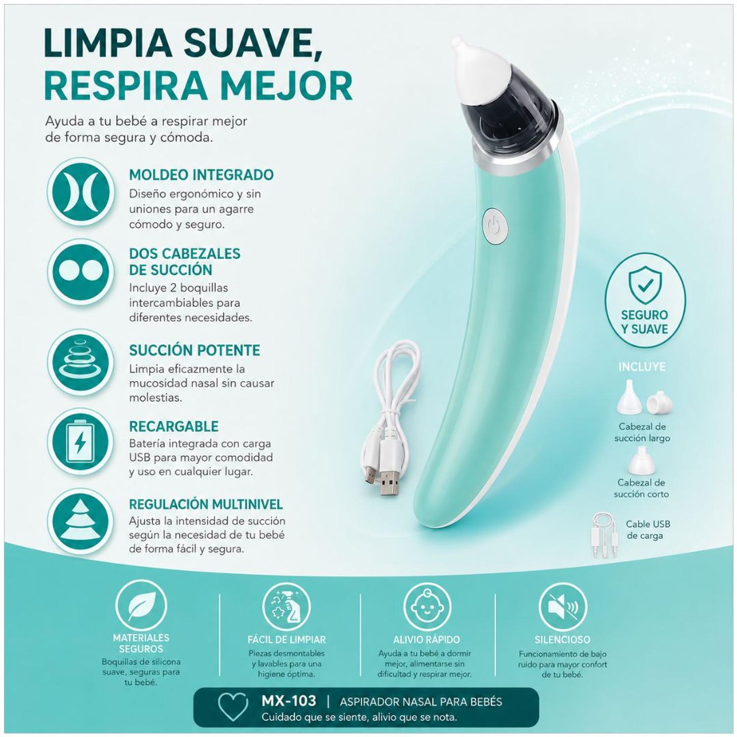 ASPIRADOR SUCCIONADOR NASAL ELÉCTRICO RECARGABLE PARA BEBE + ACCESORIOS - 2