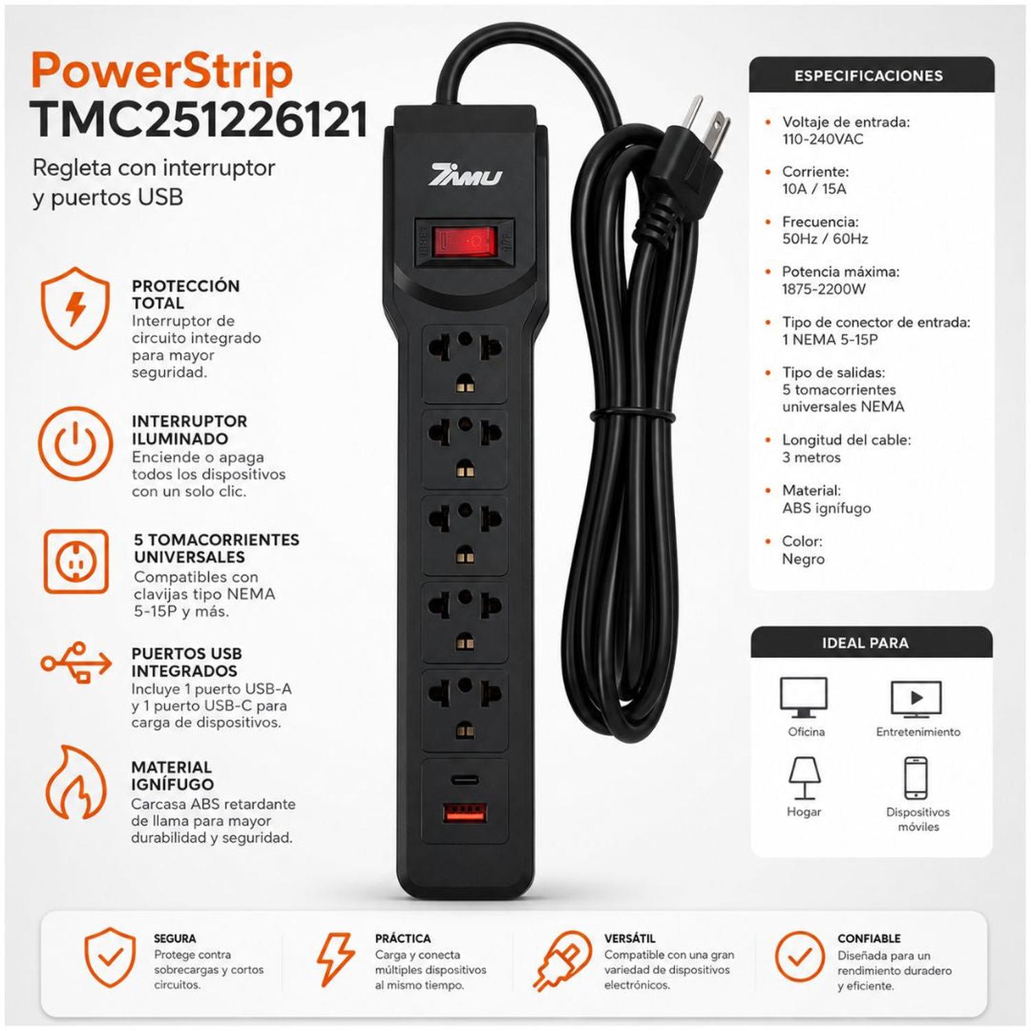 SUPRESOR DE PICOS EXTENSIÓN ELÉCTRICA DE 3 METROS 7 EN 1 TOMACORRIENTES USB TIPO C - 2