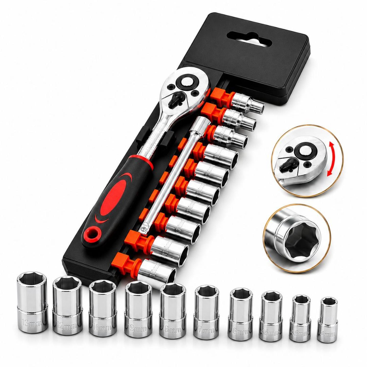 JUEGO DE HERRAMIENTAS 12 PIEZAS RATCHET 1/4' CON 10 DADOS DE 6 PUNTAS - 1