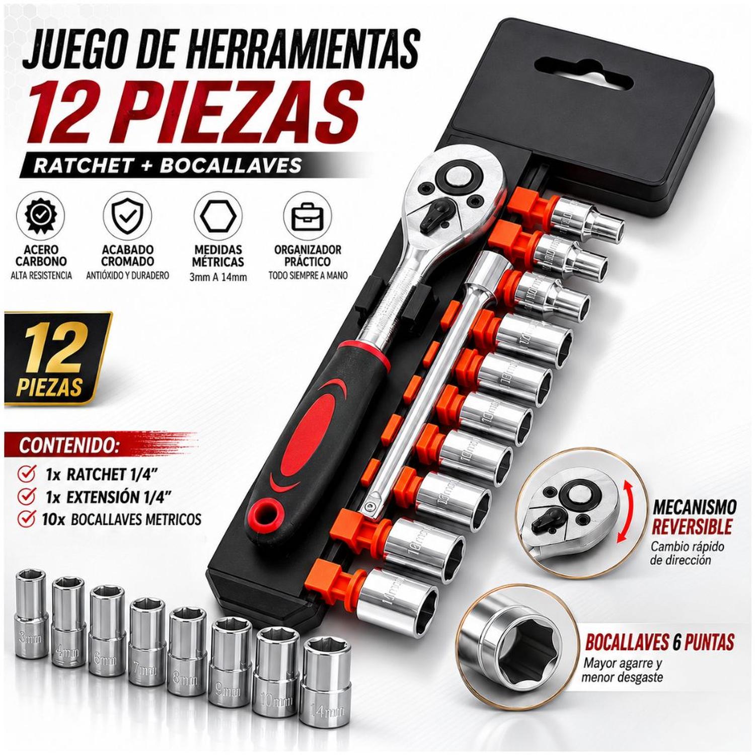 JUEGO DE HERRAMIENTAS 12 PIEZAS RATCHET 1/4' CON 10 DADOS DE 6 PUNTAS - 2