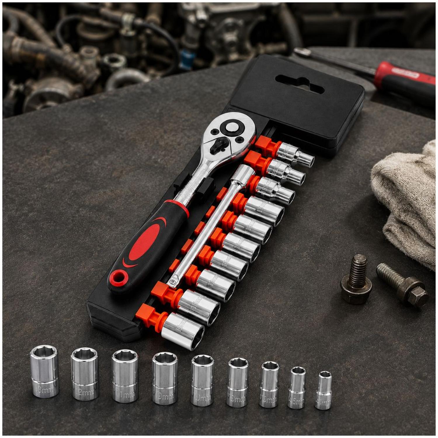 JUEGO DE HERRAMIENTAS 12 PIEZAS RATCHET 1/4' CON 10 DADOS DE 6 PUNTAS - 3