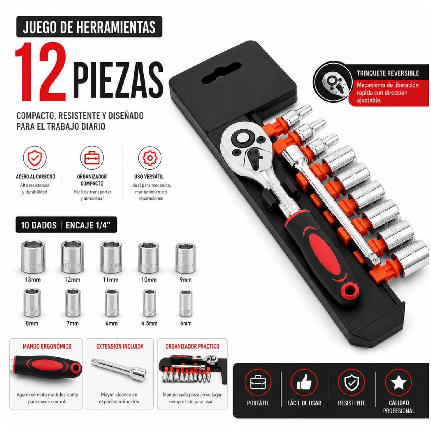 JUEGO DE HERRAMIENTAS 12 PIEZAS RATCHET 1/4' CON 10 DADOS DE 6 PUNTAS - 4
