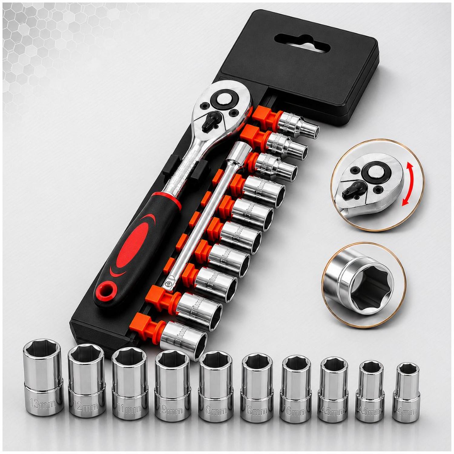 JUEGO DE HERRAMIENTAS 12 PIEZAS RATCHET 1/4' CON 10 DADOS DE 6 PUNTAS - 5