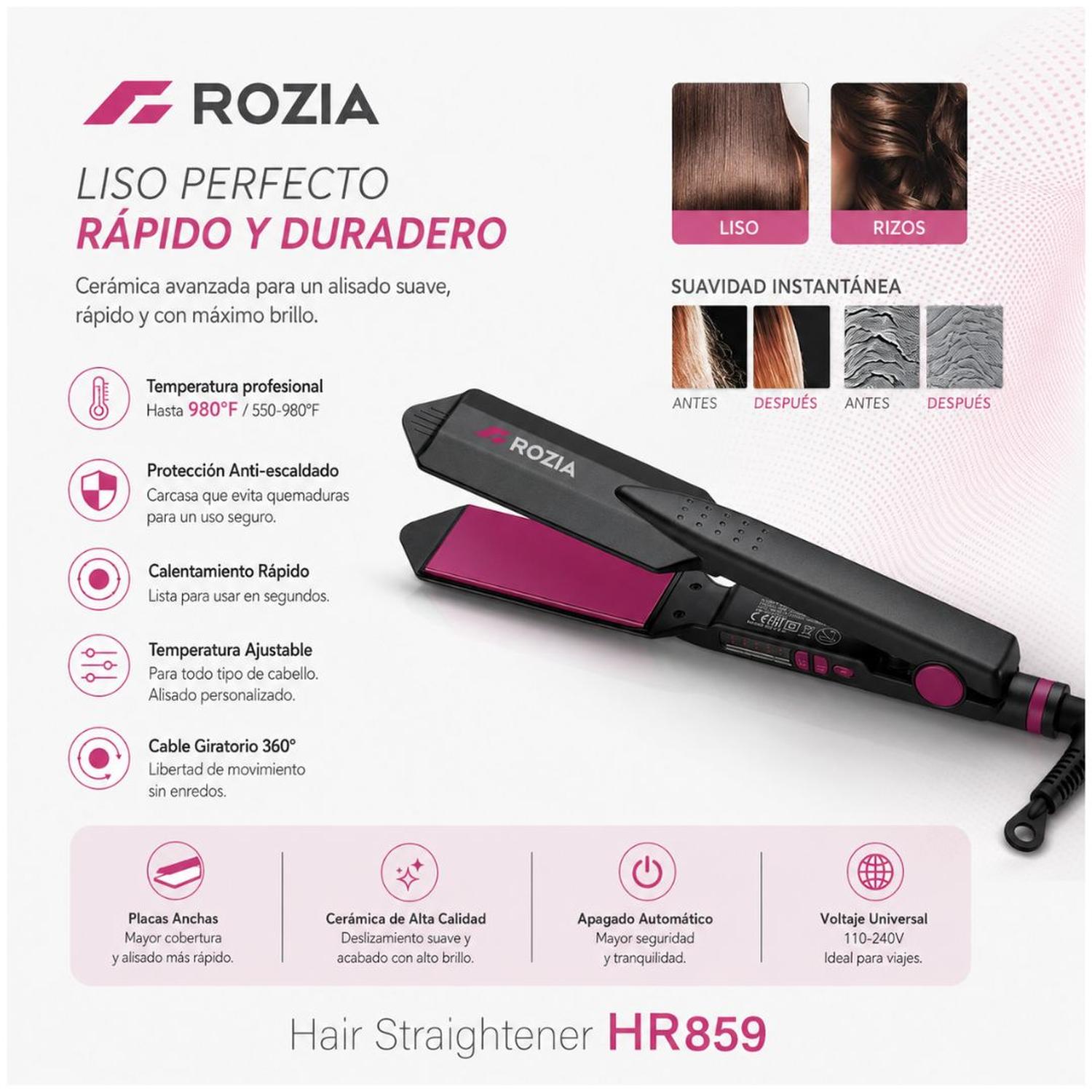 PLANCHA DE PELO ALISADOR PROFESIONAL PARA CABELLO ROZIA HR859 T° HASTA 527°C - 3
