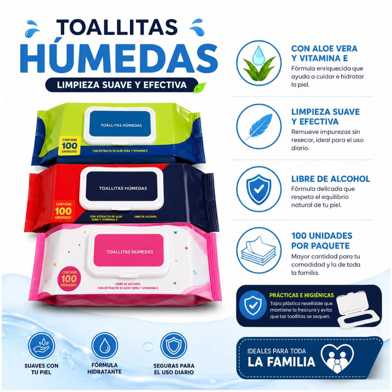 PACK X3 TOALLITAS HÚMEDAS 300 UND SIN ALCOHOL CON ALOE VERA Y VITAMINA E - 2
