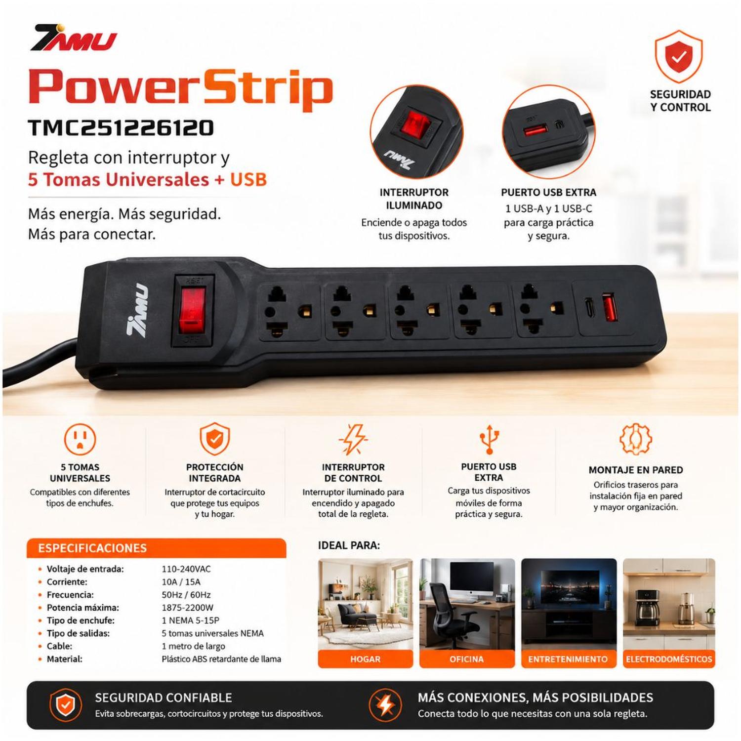 SUPRESOR DE PICOS EXTENSIÓN ELÉCTRICA DE 1 METRO 7 EN 1 TOMACORRIENTES USB TIPO C - 2