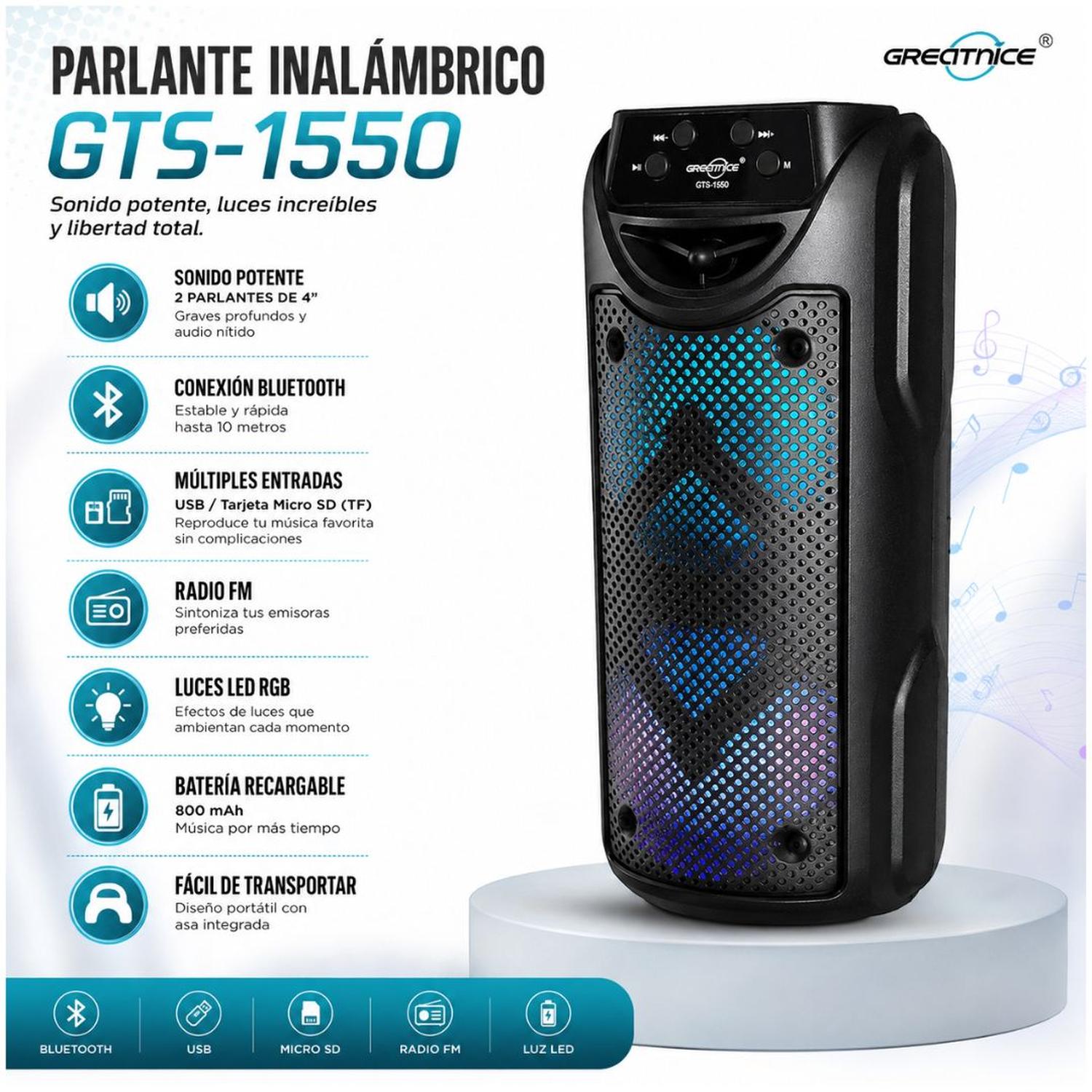 PARLANTE BLUETOOTH INALÁMBRICO GTS-1550 LUCES LED RGB 10W CON DOBLE PARLANTE DE 4' - 3