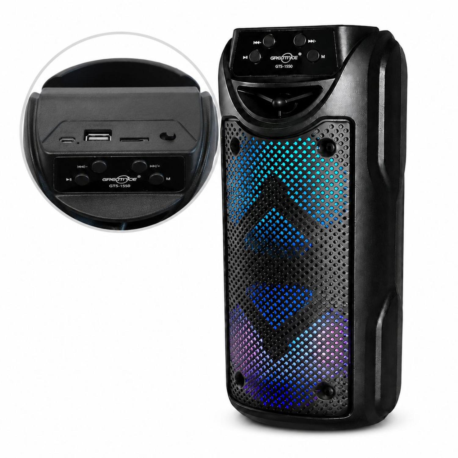 PARLANTE BLUETOOTH INALÁMBRICO GTS-1550 LUCES LED RGB 10W CON DOBLE PARLANTE DE 4' - 5