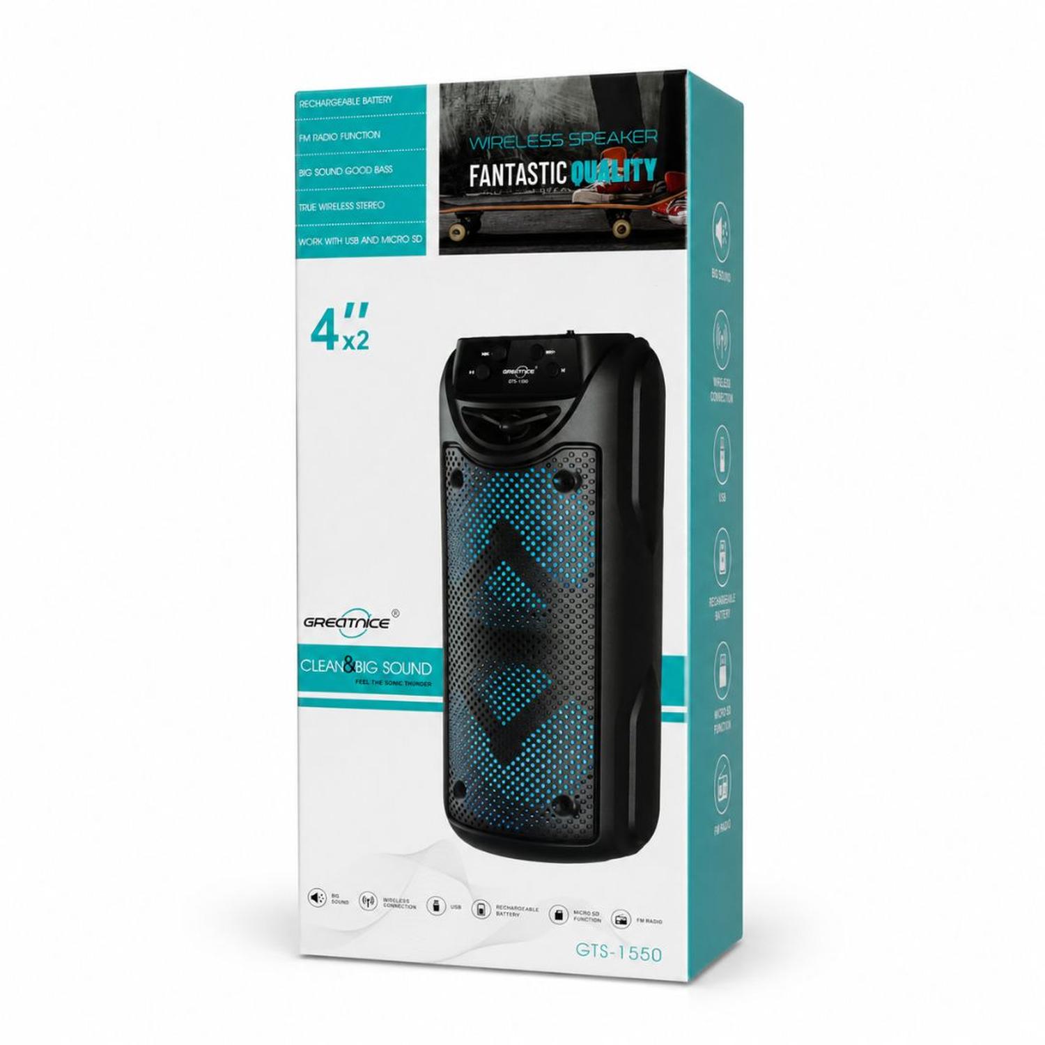 PARLANTE BLUETOOTH INALÁMBRICO GTS-1550 LUCES LED RGB 10W CON DOBLE PARLANTE DE 4' - 7