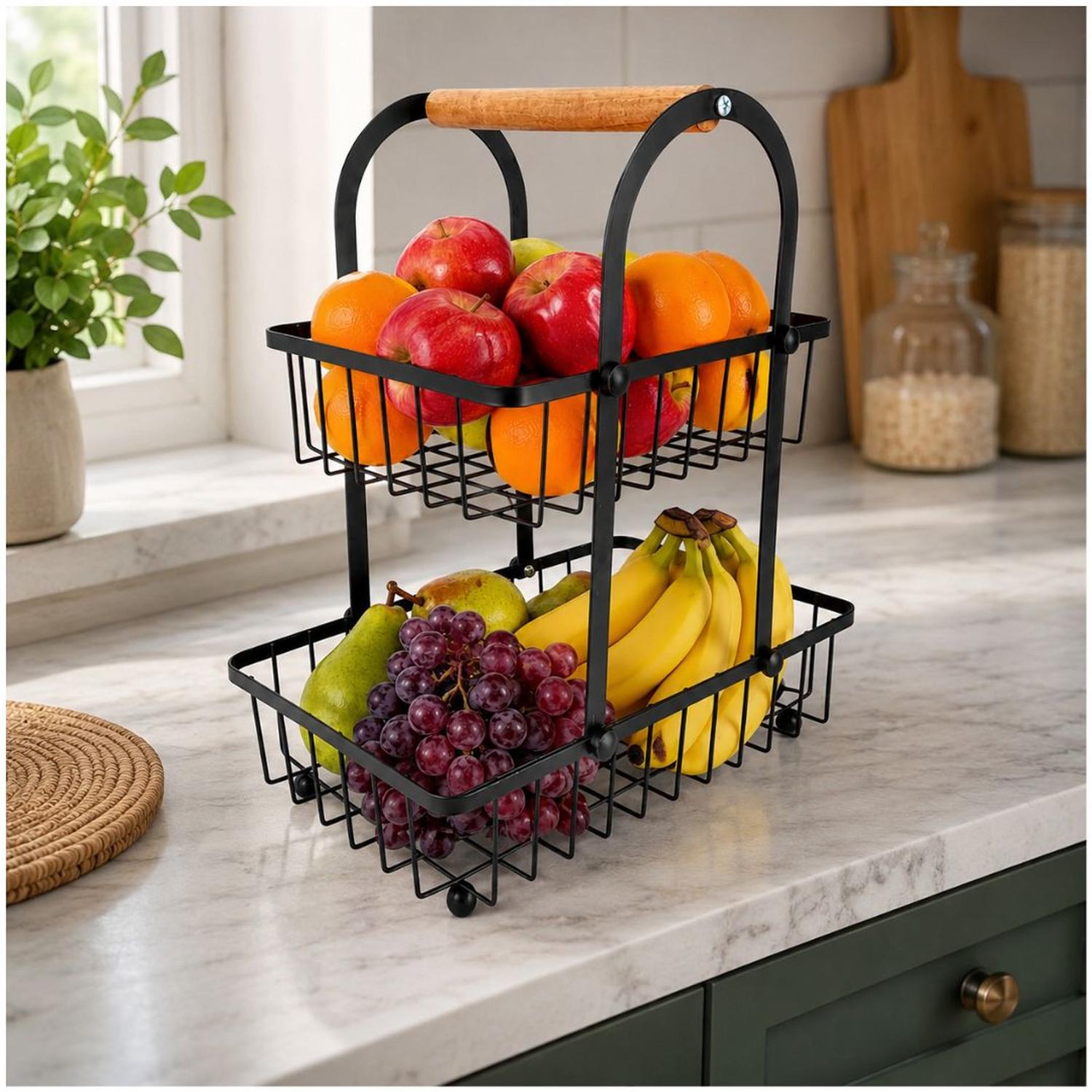 FRUTERO ORGANIZADOR DE FRUTAS VERDURAS 2 NIVELES METAL CON ASA DE MADERA - 1