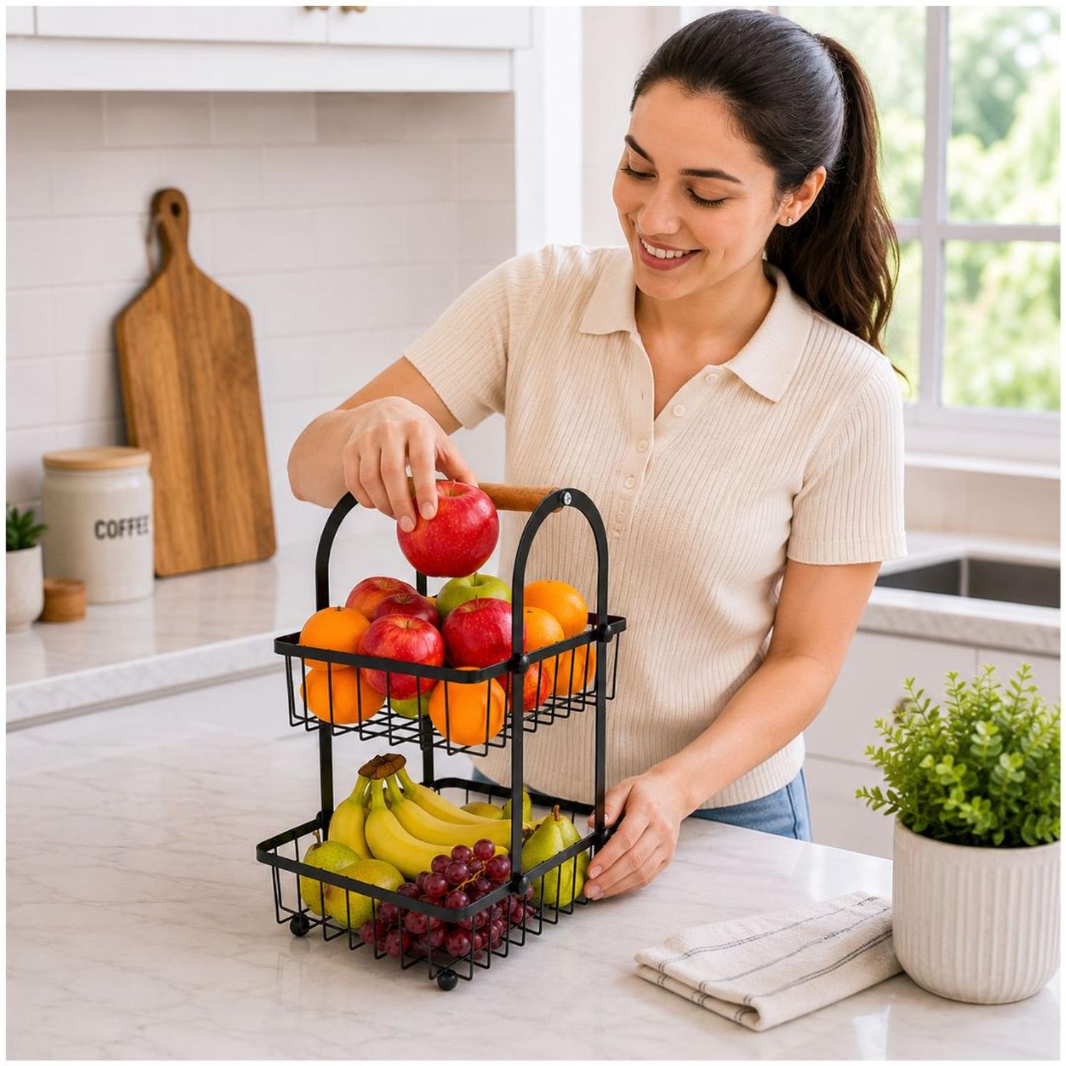 FRUTERO ORGANIZADOR DE FRUTAS VERDURAS 2 NIVELES METAL CON ASA DE MADERA - 2