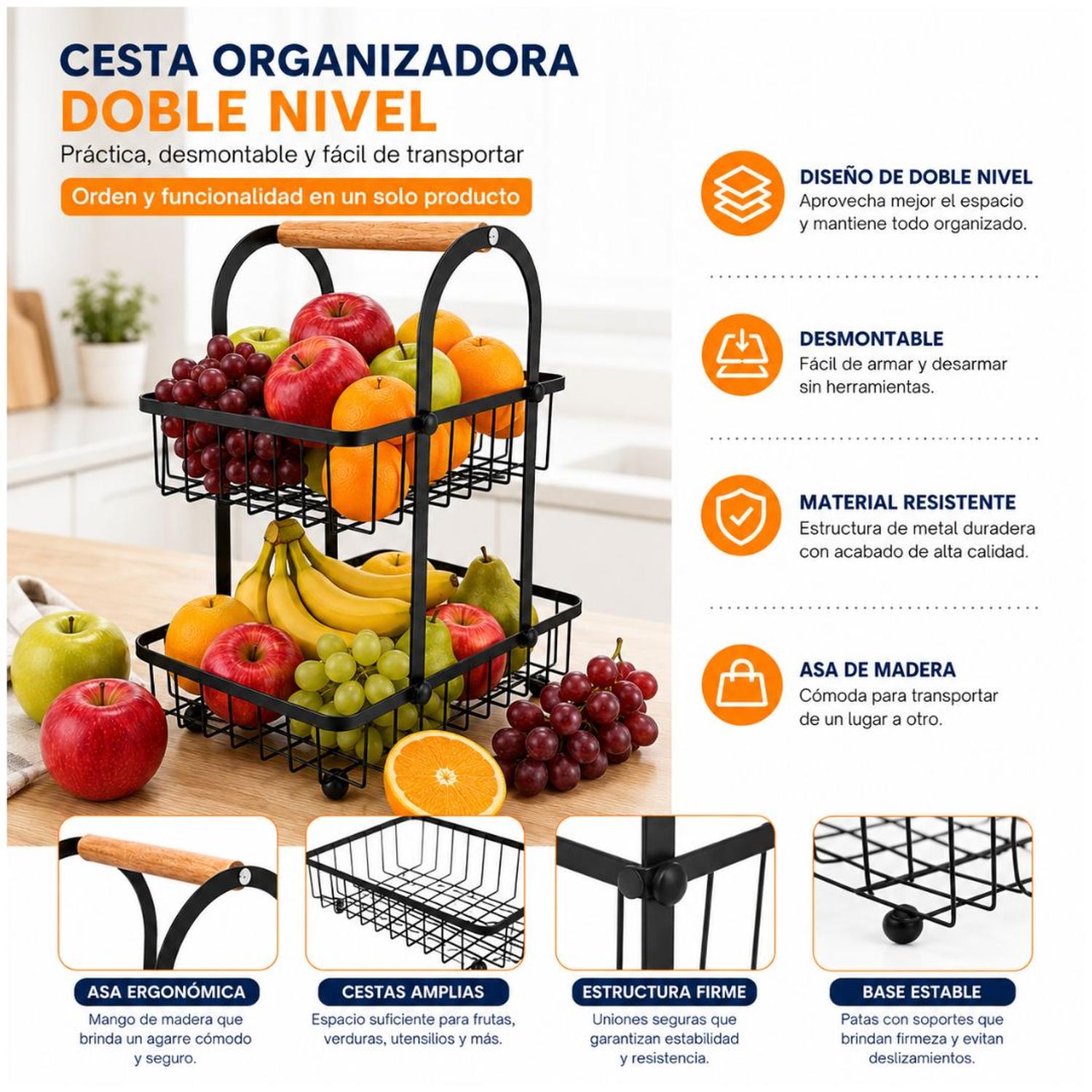 FRUTERO ORGANIZADOR DE FRUTAS VERDURAS 2 NIVELES METAL CON ASA DE MADERA - 3