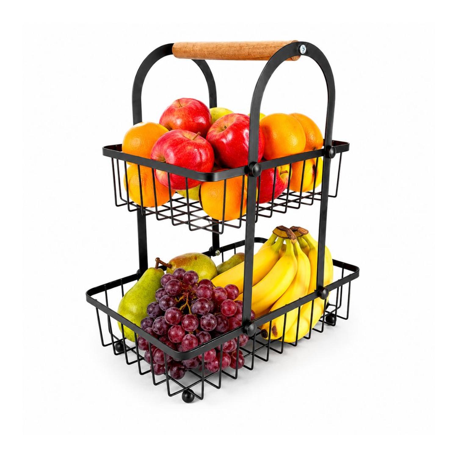 FRUTERO ORGANIZADOR DE FRUTAS VERDURAS 2 NIVELES METAL CON ASA DE MADERA - 4