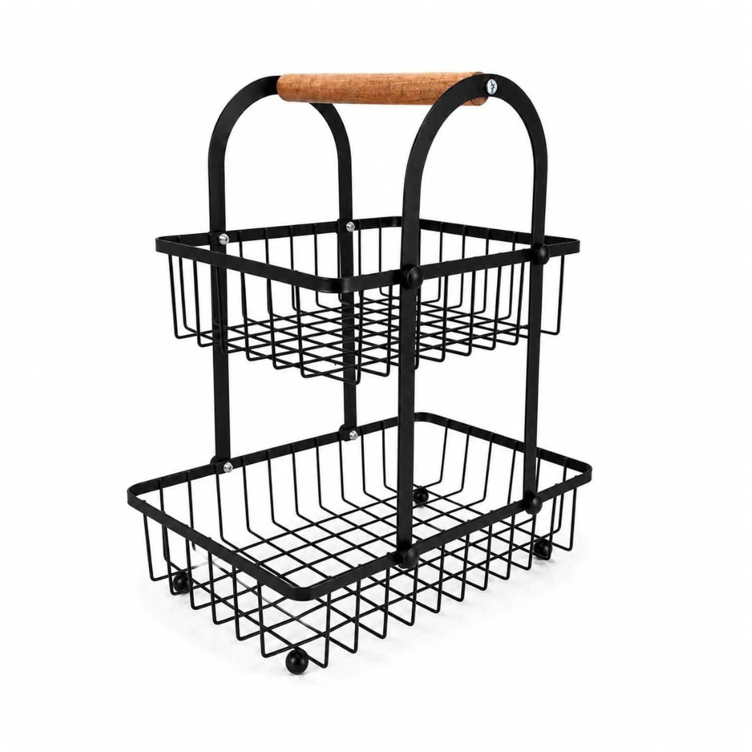 FRUTERO ORGANIZADOR DE FRUTAS VERDURAS 2 NIVELES METAL CON ASA DE MADERA - 5