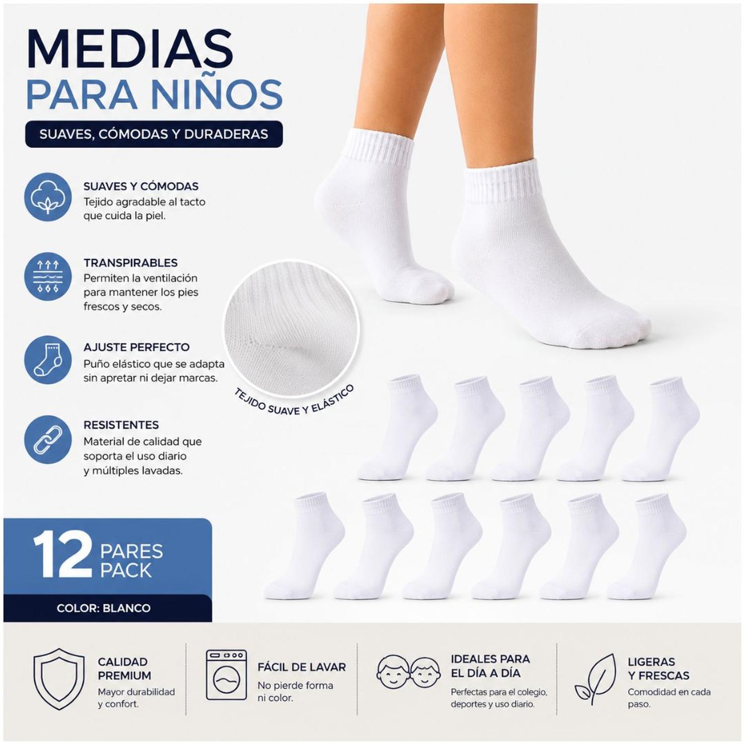 PACK X12 PARES DE MEDIAS CORTAS BLANCAS DEPORTIVAS PARA NIÑOS TALLA ESTÁNDAR - 2