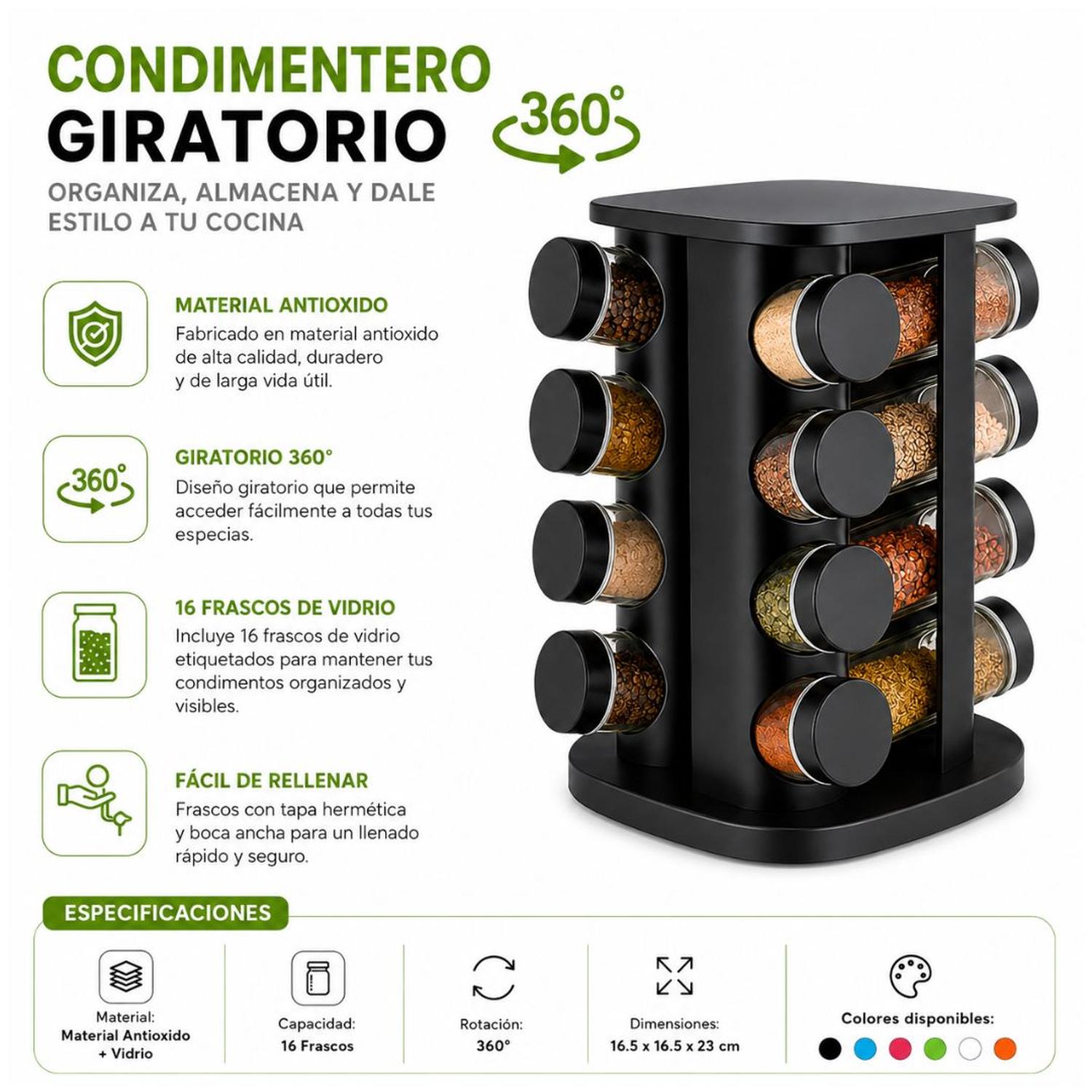 CONDIMENTERO ESPECIEROS ORGANIZADOR CONDIMENTOS NEGRO 360° 16 FRASCOS DE VIDRIO - 3