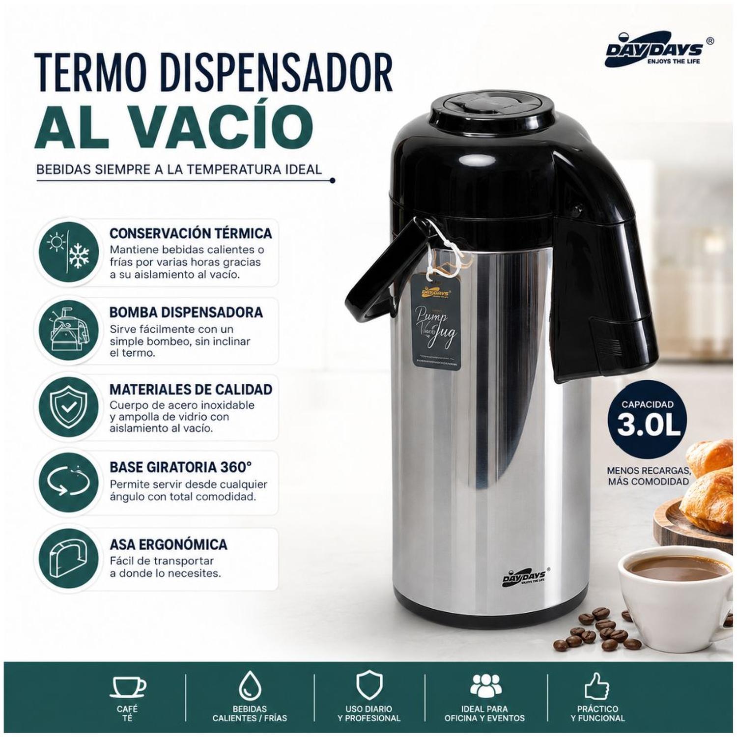 TERMO CON DISPENSADOR DAYDAYS GRANDE 3 LITROS ACERO INOXIDABLE BEBIDAS FRÍAS CALIENTES - 4