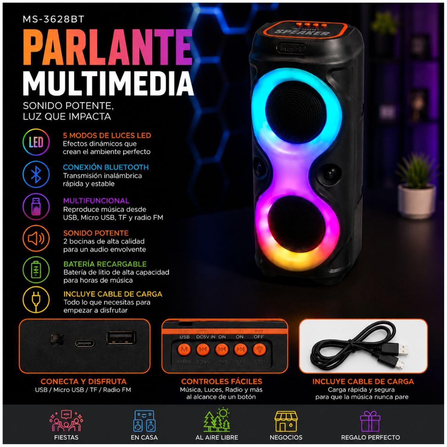 PARLANTE BLUETOOTH INALÁMBRICO MS-3628BT LUCES LED RGB 20W CON DOBLE PARLANTE DE 4' - 2