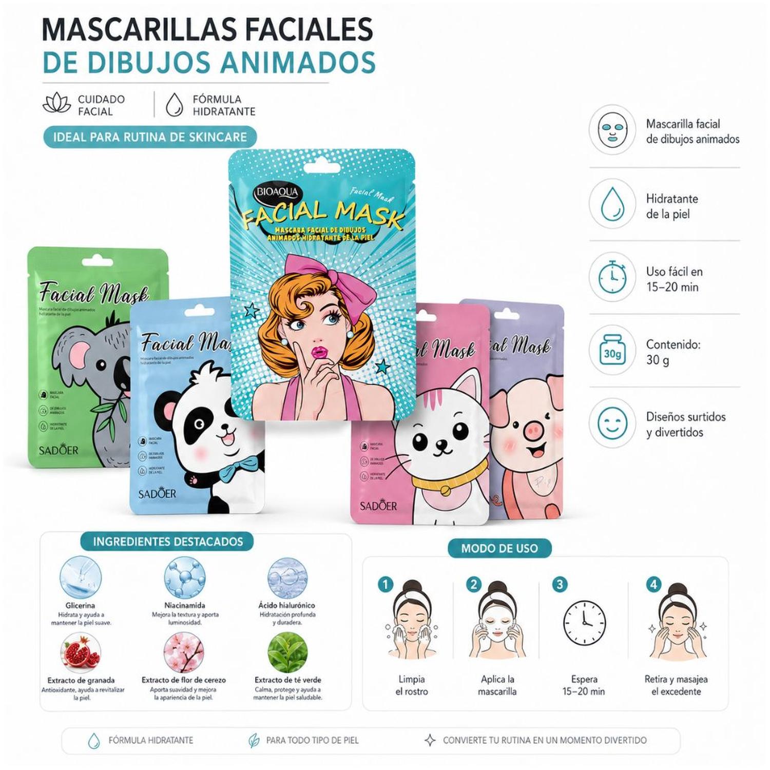 PACK X5 MASCARILLA FACIAL HIDRATANTE 150G COLÁGENO ÁCIDO HIALURÓNICO DISEÑO ALEATORIO - 4