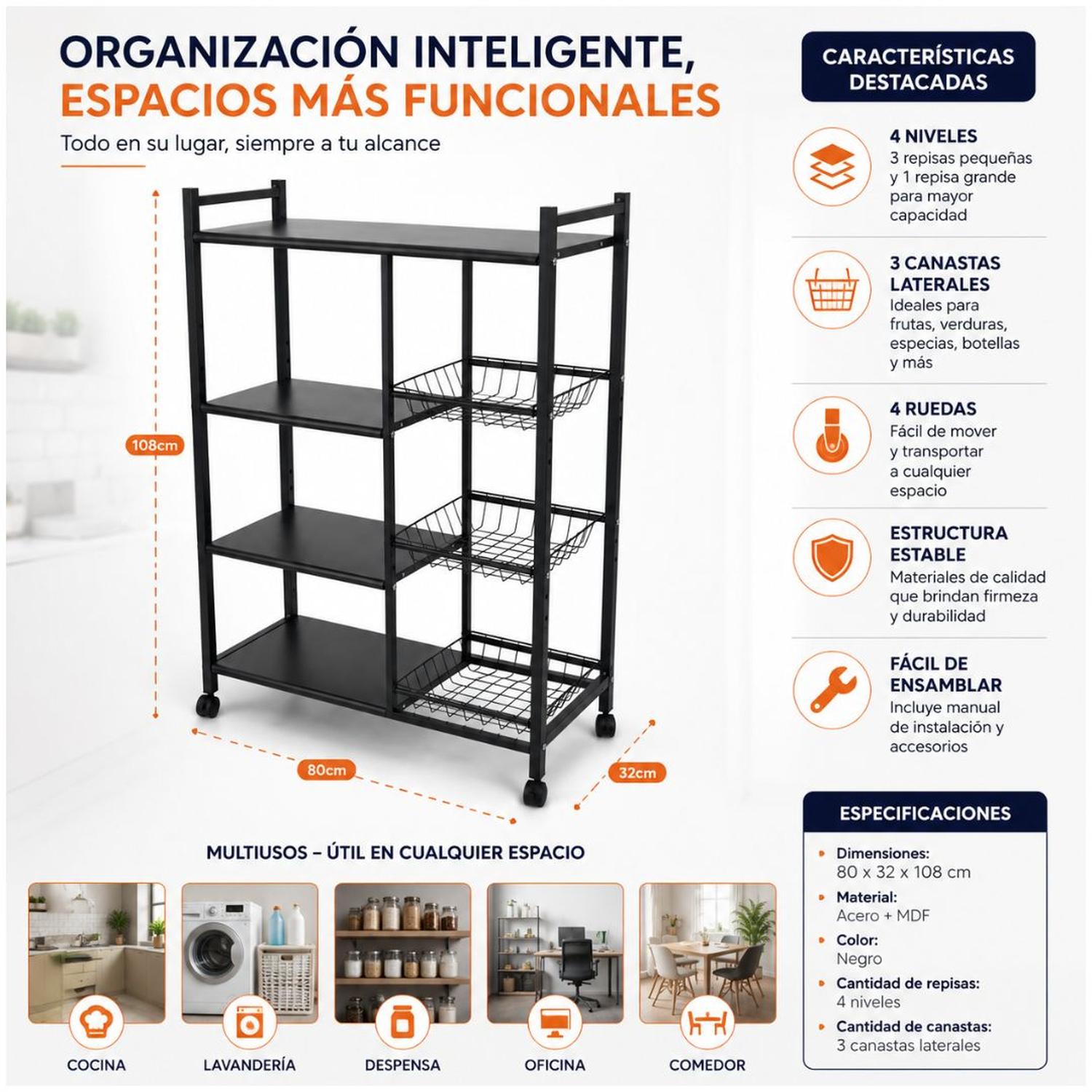 ESTANTE ORGANIZADOR DE COCINA MULTIUSOS DE METAL CON RUEDAS 108X80X32CM - 2