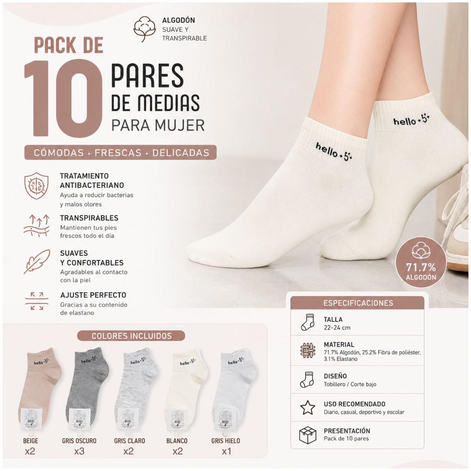 PACK X10 PARES DE MEDIAS CORTAS COTTON HELLO PARA MUIJER TALLA 22 A 24CM - 2