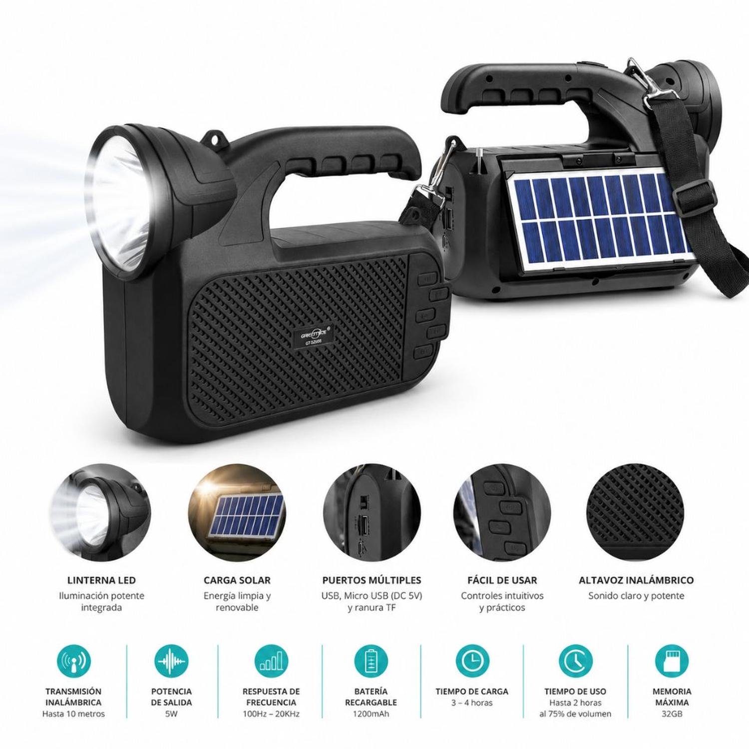 PARLANTE BLUETOOTH GTS-2068 CON LINTERNA Y PANEL SOLAR RECARGABLE RADIO USB TF - 2